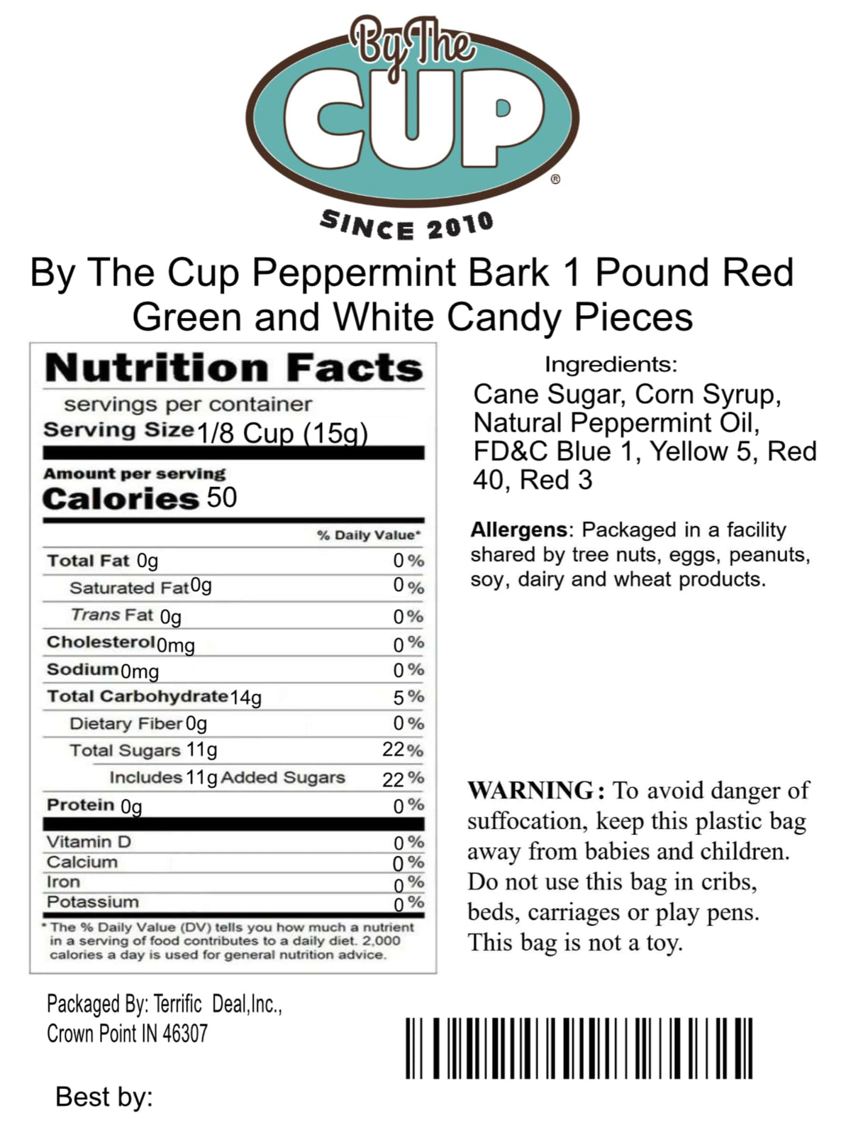 By The Cup Red, Green, And White Peppermint Candy Cane Pieces, 1 Lb Bulk Bag