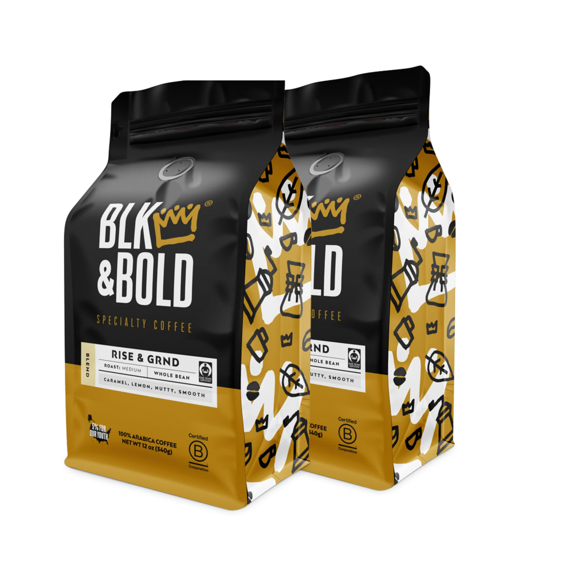 Blk & Bold Whole Bean Coffee, Rise & Grnd Premium Medium Roast, 100% Arabica Beans, 12 Oz Bag (2 Pack)