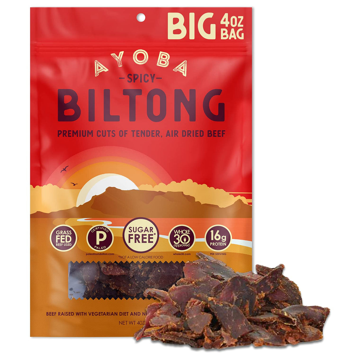 Ayoba Spicy Beef Biltong Slices (4 Ounce, Pack Of 1) Keto Friendly Air-Dried Grass Fed Beef Snack - Paleo, Gluten Free, Whole 30