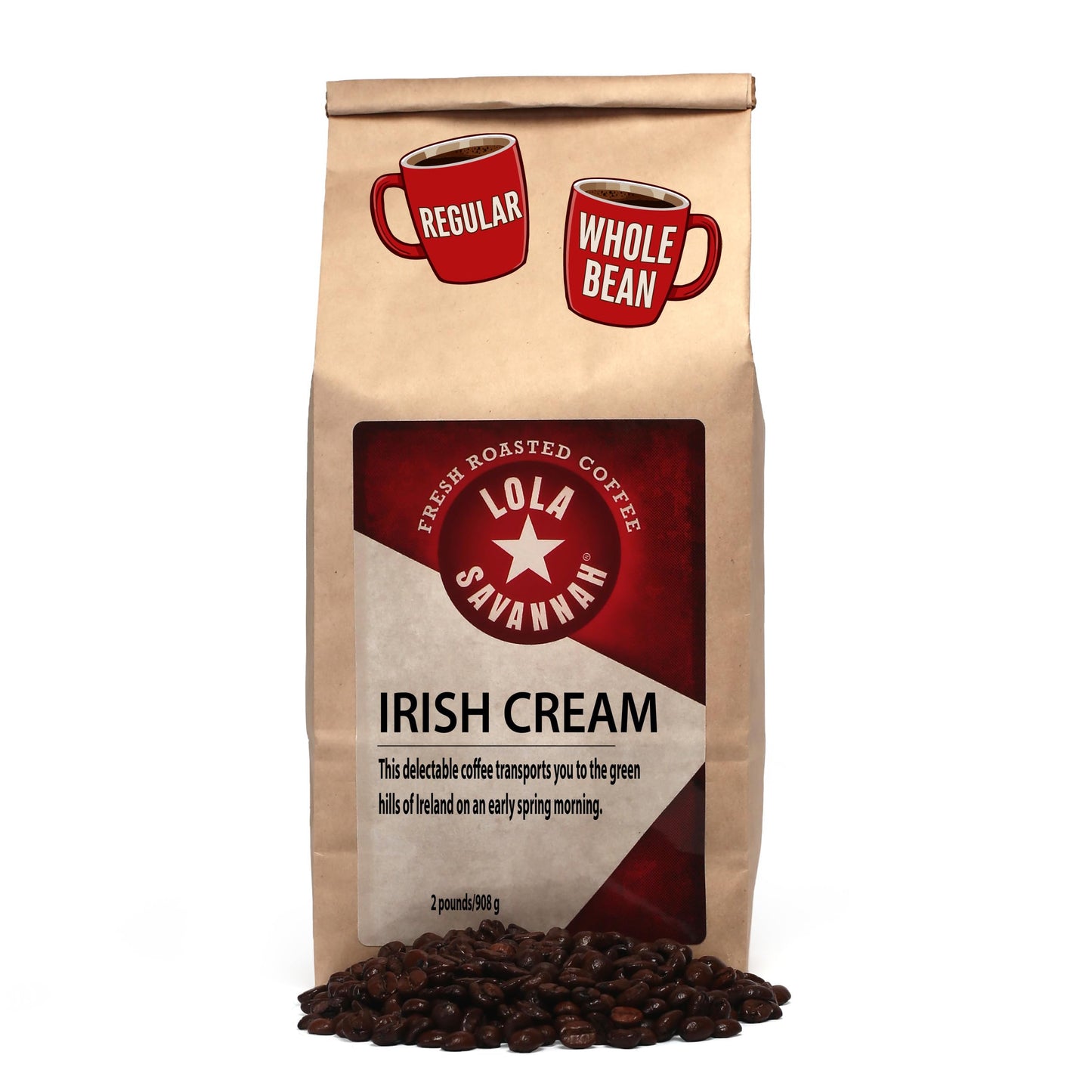 Lola Savannah Irish Cream Whole Bean Coffee, Caffeinated, 2lb Pack