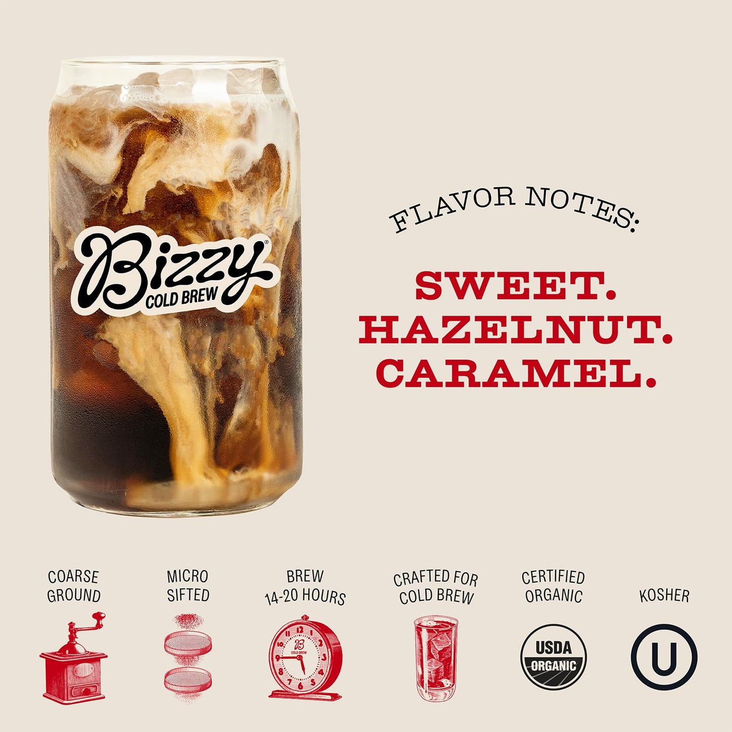 Bizzy Organic Cold Brew Coffee | Smooth & Sweet Blend | Coarse Ground Coffee | Medium Roast | Micro Sifted | Specialty Grade | 1