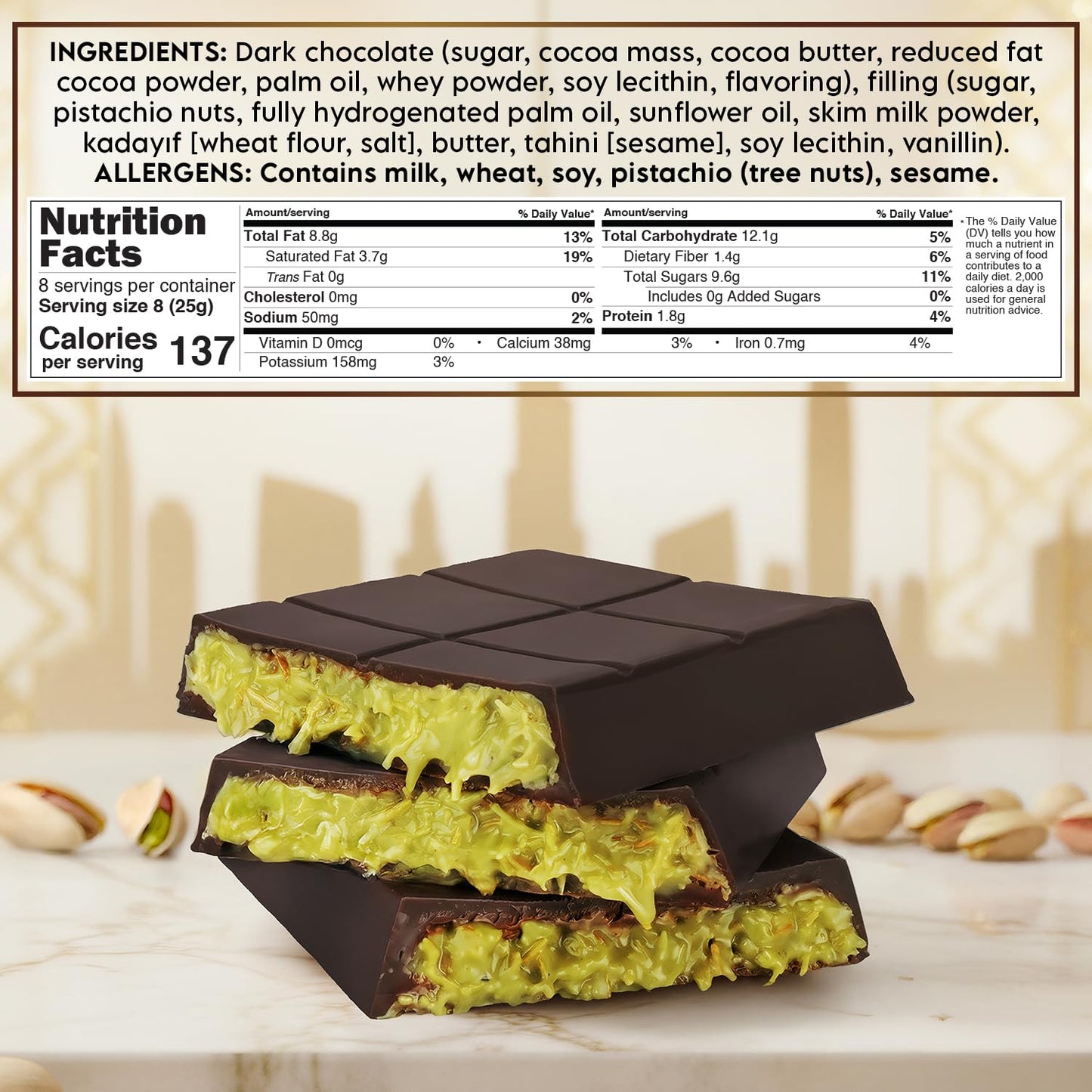 Dubai Dark Chocolate Bar Pistachio - Crispy Kataifi With Pistachio Paste | Gourmet Gift Chocolate | 7Oz Rich, Textured Treat