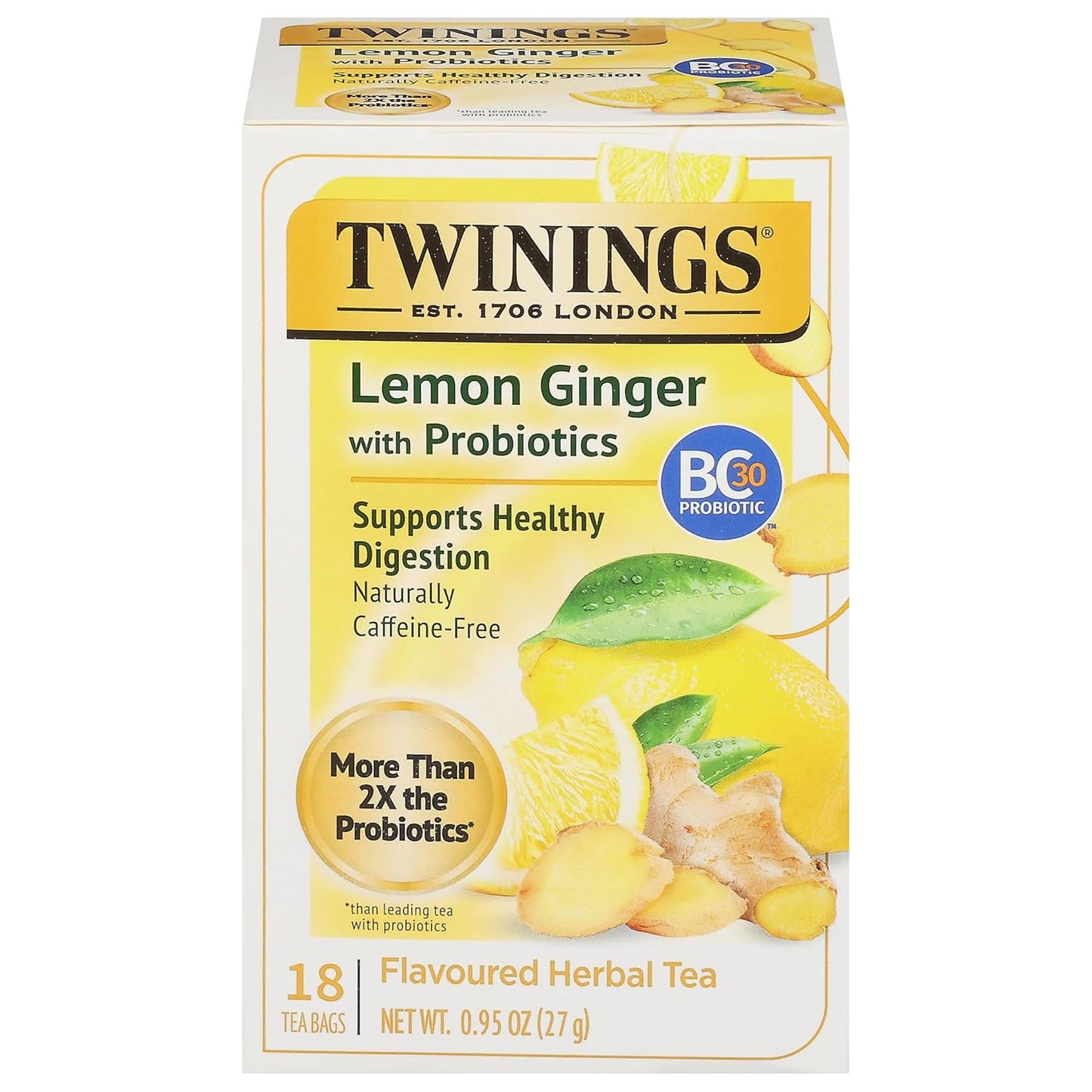 Twinings Superblends Probiotics+ Lemon & Ginger Flavoured Herbal Tea with Turmeric  Caffeine-Free  18 Count (Pack of 1)  Enjoy Hot or Iced  18 Teabags