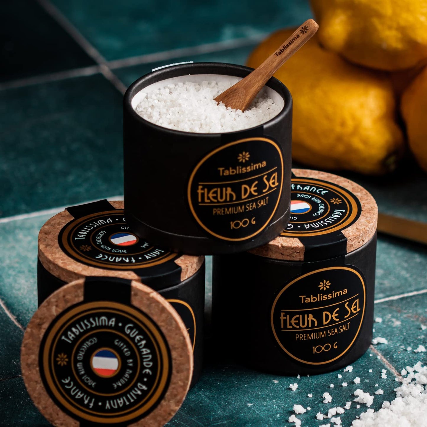 TABLISSIMA Fleur de Sel Premium Sea Salt, Flaky Sea Salt from Guerande, 3.5 oz, White, Includes Cork Box & Wooden Spoon