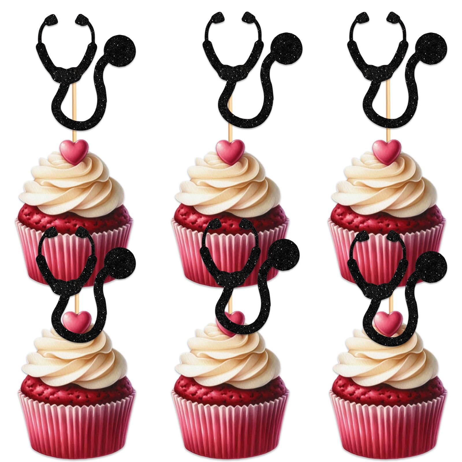 Black Glitter Stethoscope Cupcake Topper For Medical Equipment Nurse Doctor Theme Party Favors Decorations Men Women Happy Birthday Party Decor Supplies Set 18Pcs