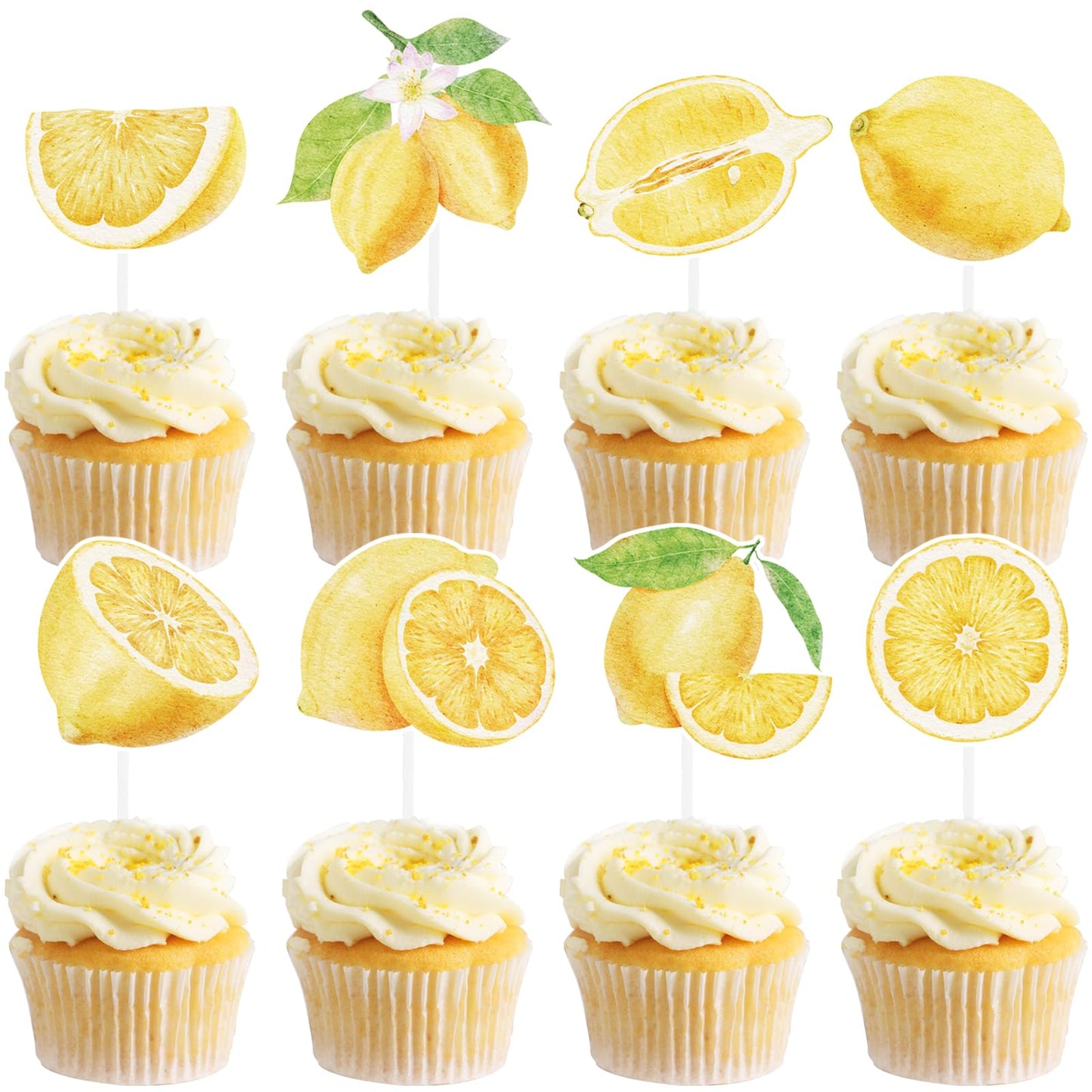 Mulukaya 24Pcs Lemon Cupcake Toppers Fruits Cake Treat Picks For Summer Baby Gold Lemongrass Birthday Wedding Yellow Lemon Lemonade Party Supplies