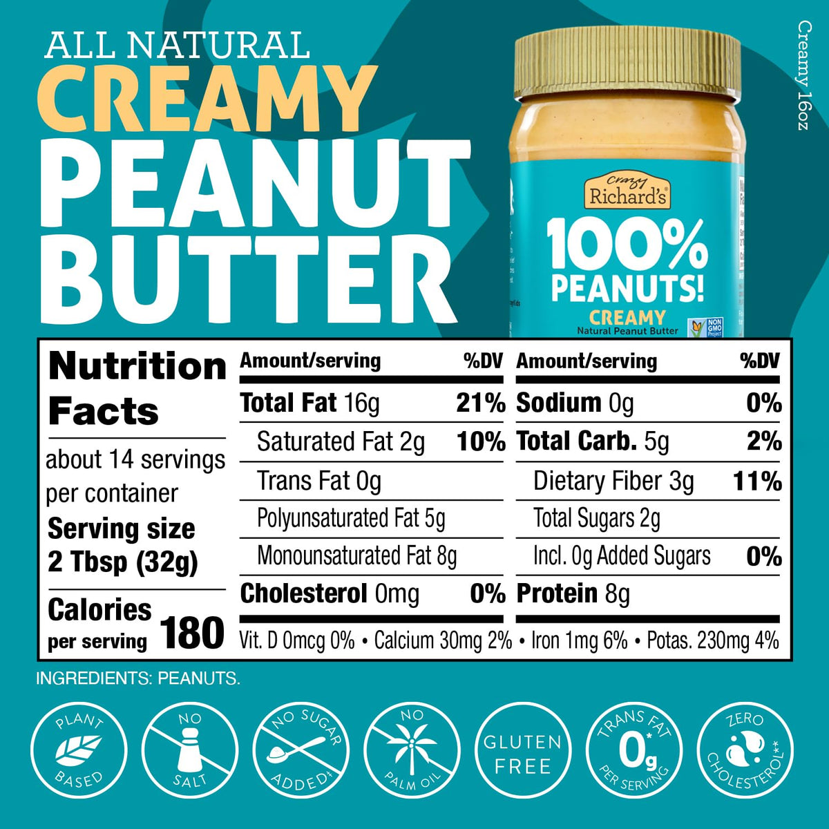 Crazy Richard'S 100% All-Natural Vegan Creamy & Crunchy Peanuty Butter With No Added Sugar And Non-Gmo Variety Pack (16 Ounce, P