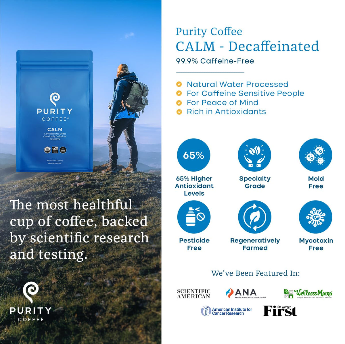 Purity Coffee Calm Decaf Ground Coffee - Natural Water Decaffeinated Coffee - Usda Organic And Third-Party Tested For Antioxidan