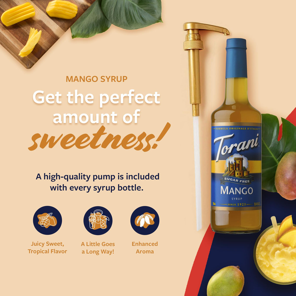 Torani Sugar Free Syrup, Mango Flavored Syrup For Drinks, Zero Calorie, Glass Bottle With Pump Included, 25.4 Fl Oz