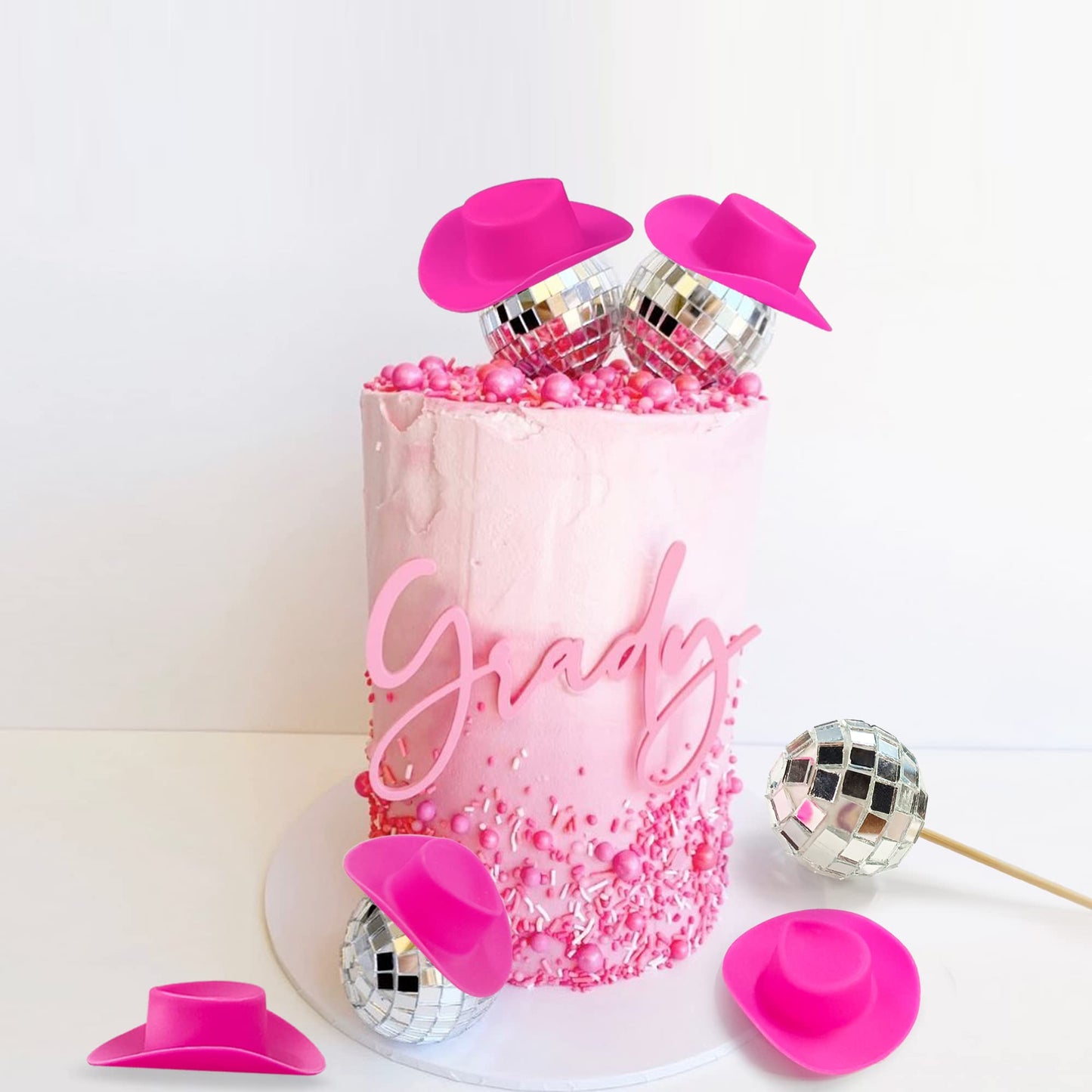 HAVAGDTM Disco Ball Cake Decorations Set - 40 PCS, Pink Cowboy Hat & Cupcake Toppers, 1970s Theme Party Picks