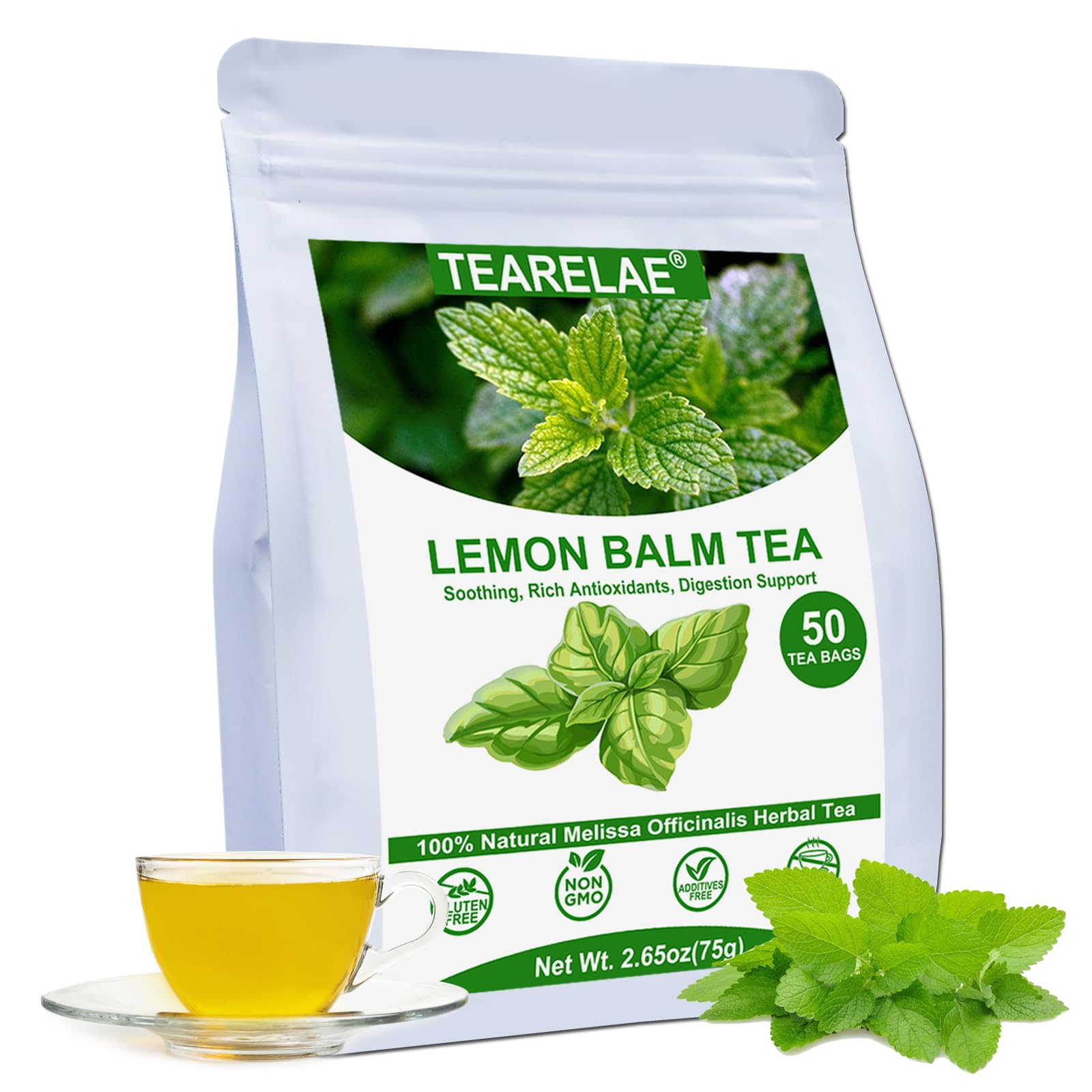 TEARELAE Lemon Balm Tea Bags - Caffeine-Free, Non-GMO - 50 Count