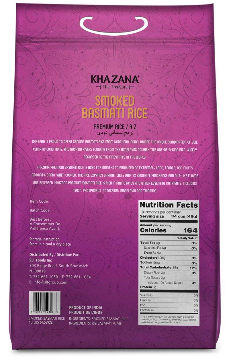 Khazana Authentic Smoked Basmati Rice, Aromatic Indian Grain, Non-GMO, Gluten Free, 10 lb Bag