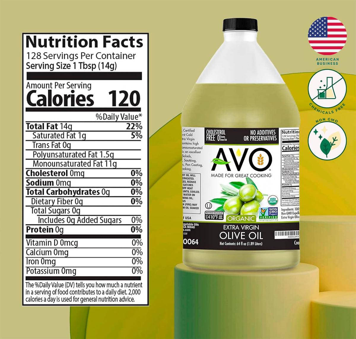 AVO ORGANIC 100% EXTRA VIRGIN OLIVE Oil, 64 Fl-oz (Half Gallon) NO preservatives added
