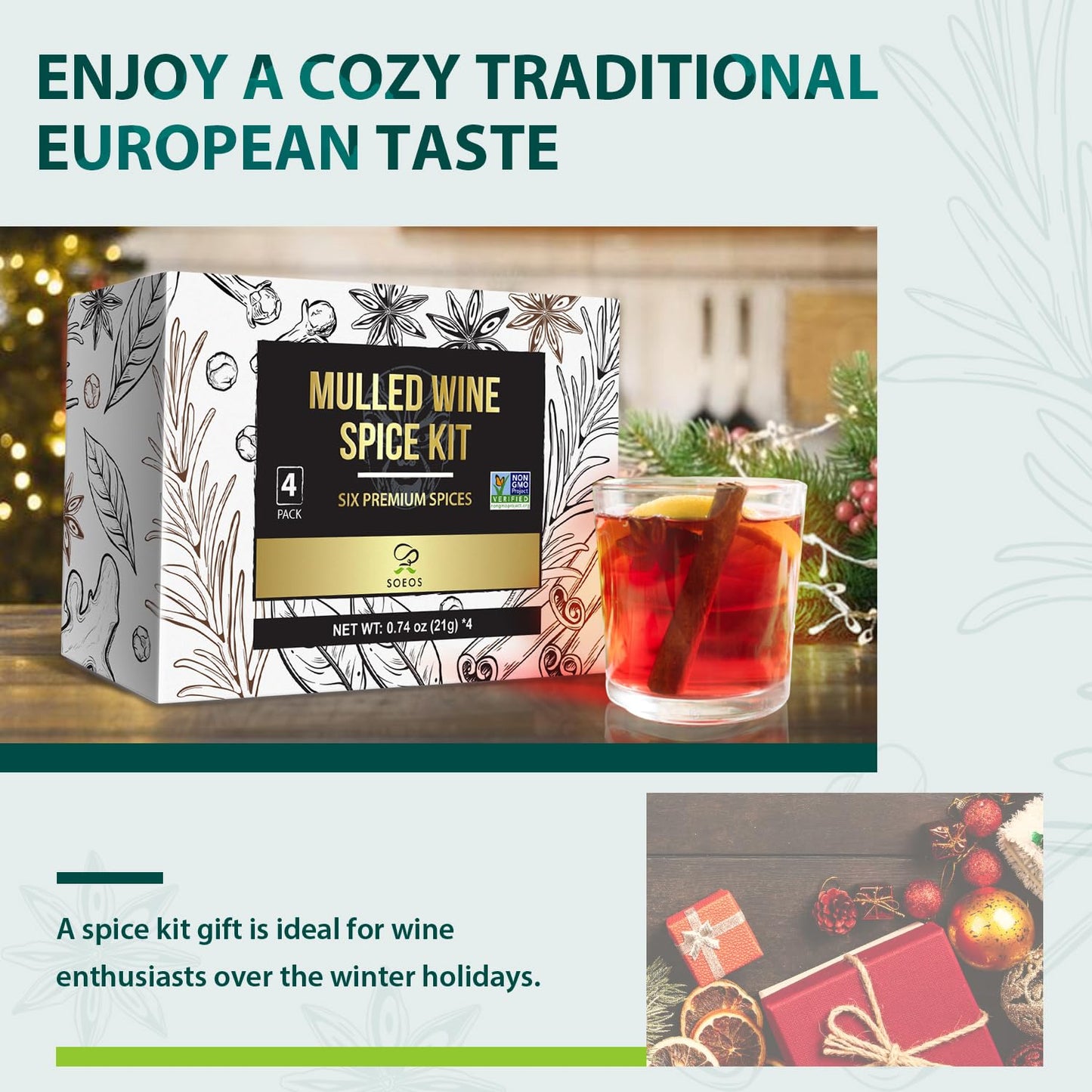 Soeos Mulled Wine Spice Kit, Mulling Spices for Wine, Cider & Tea, 2.96 oz (0.74 oz*4), Brown