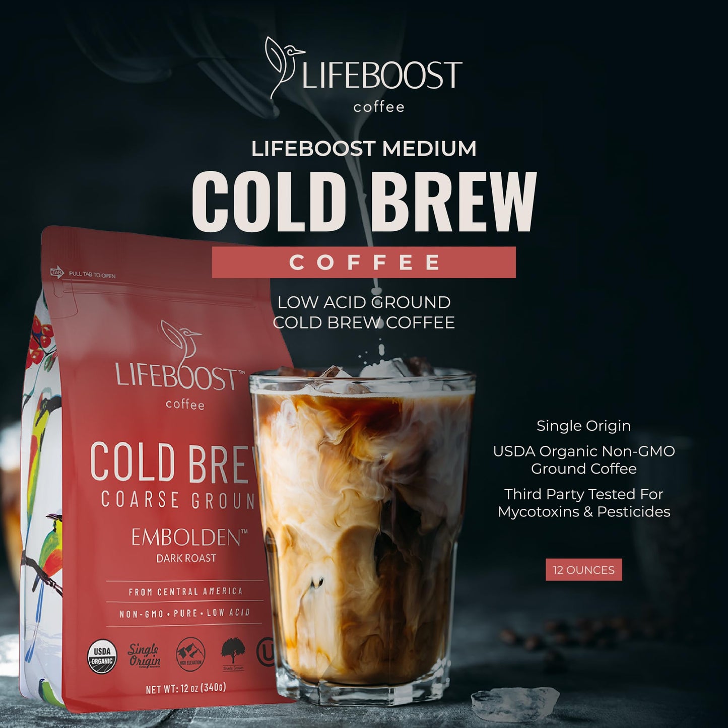 Lifeboost Dark Cold Brew Coffee - Low Acid Coarse Ground Coffee for Cold Brew - Single Origin Non-GMO USDA Organic Cold Brew Cof