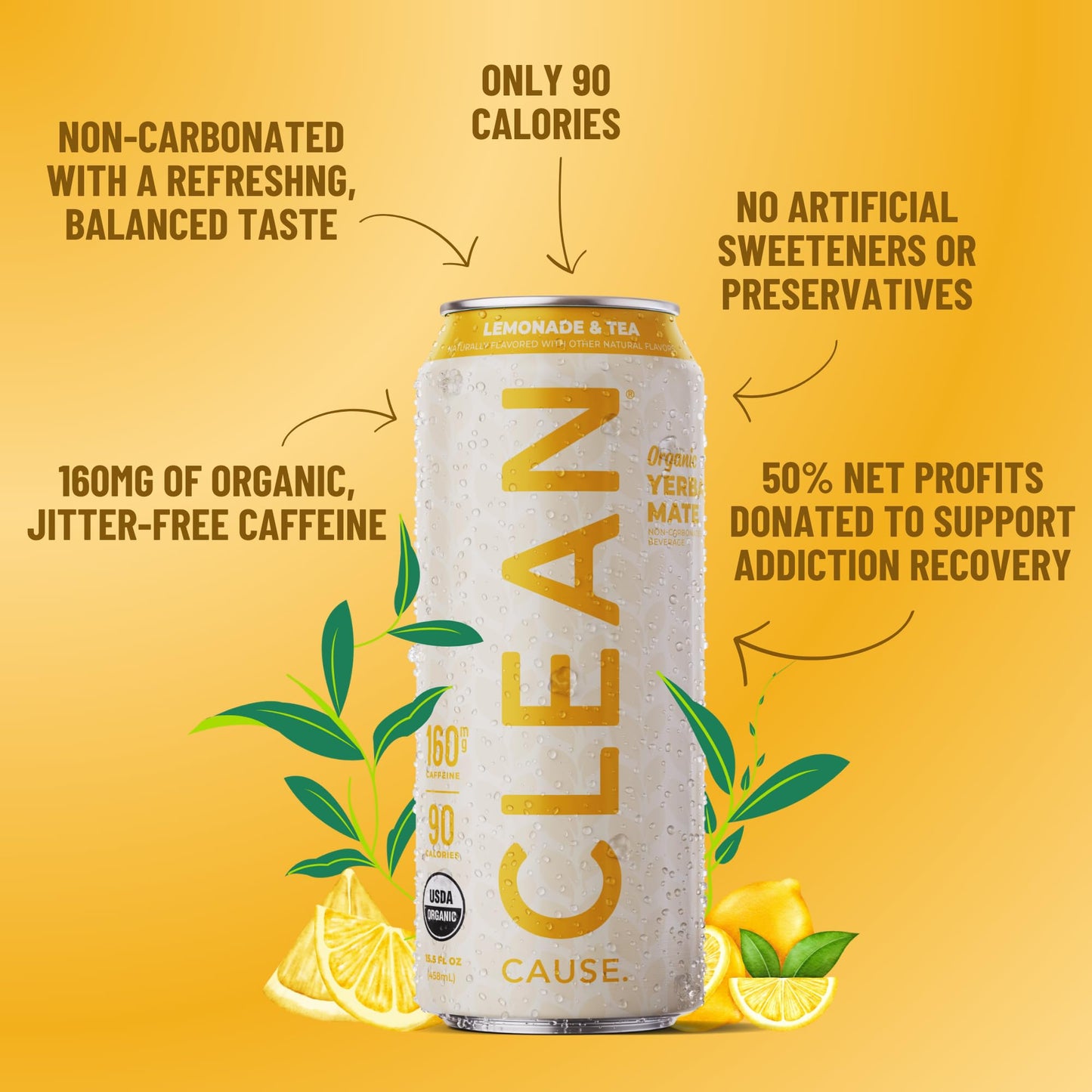 CLEAN CAUSE Yerba Mate Tea, USDA Organic, Low Sugar, 160mg Caffeine, Non-Carbonated, 12-Pack Case (15.5oz cans)