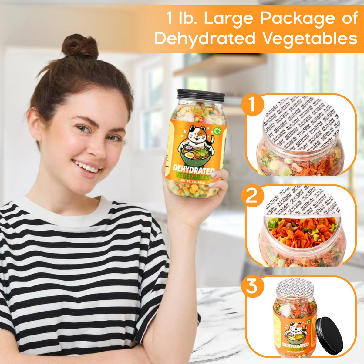 16Oz Dehydrated Freeze Dried Vegetables - 100% Natural Large Packaging Ramen Toppings, 6 Mixed Vegetable Flakes, No Gluten & No Allergen, Dry Veggie For Cooking, Camping, Emergency Supply