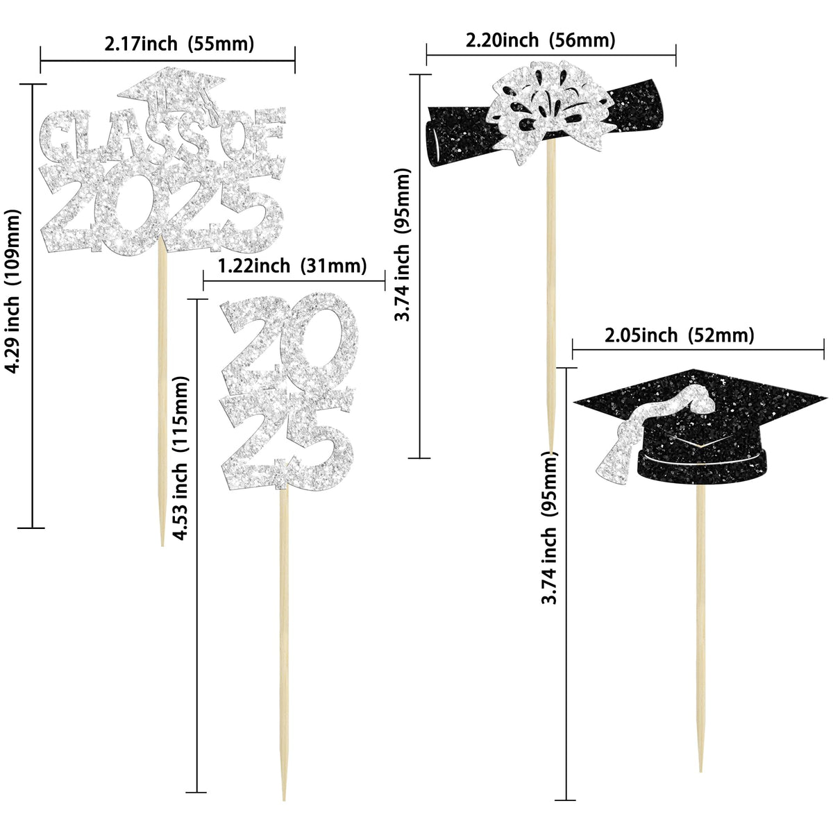 Ephlyn Cupcake Toppers 36Pcs Glitter Graduation Theme Class of 2025 Silver