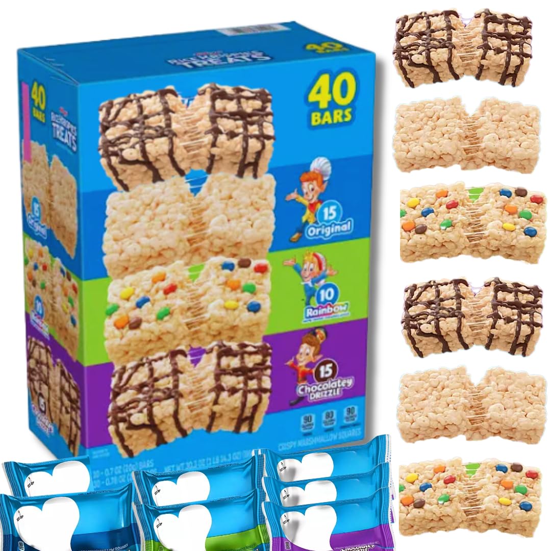 Marshmallow Rice Crispy Treats Variety Pack- 40Ct Individually Wrapped Snack Chocolate Bars For Lunch Boxes  Office & Parties -Classic Crispies Rice Treat Squares Bulk Value Pack For Kids & 18+ Uses