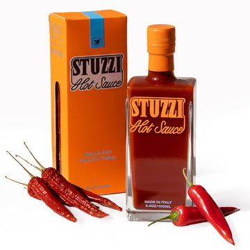 Stuzzi enhanced Italian Hot Sauce  Small-Batch Craft Sauce  Dried Campanian & Cayenne Peppers  Medium Heat on Pizza  Tacos + More Vegan  Non-GMO No Preservatives  Spicy Holiday Gift 3.4 oz Glass Bottle