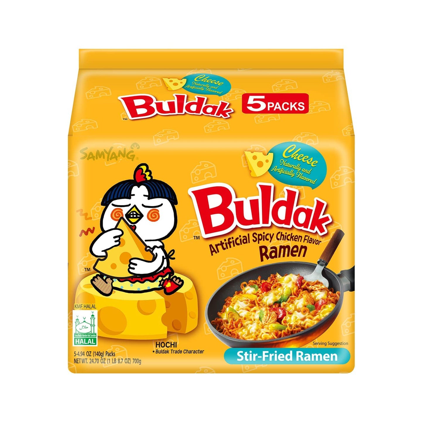 Samyang Buldak Spicy Ramen, Hot Chicken Ramen, Korean Stir-Fried Instant Noodle, Cheese, 1 Bag With 5 Pack