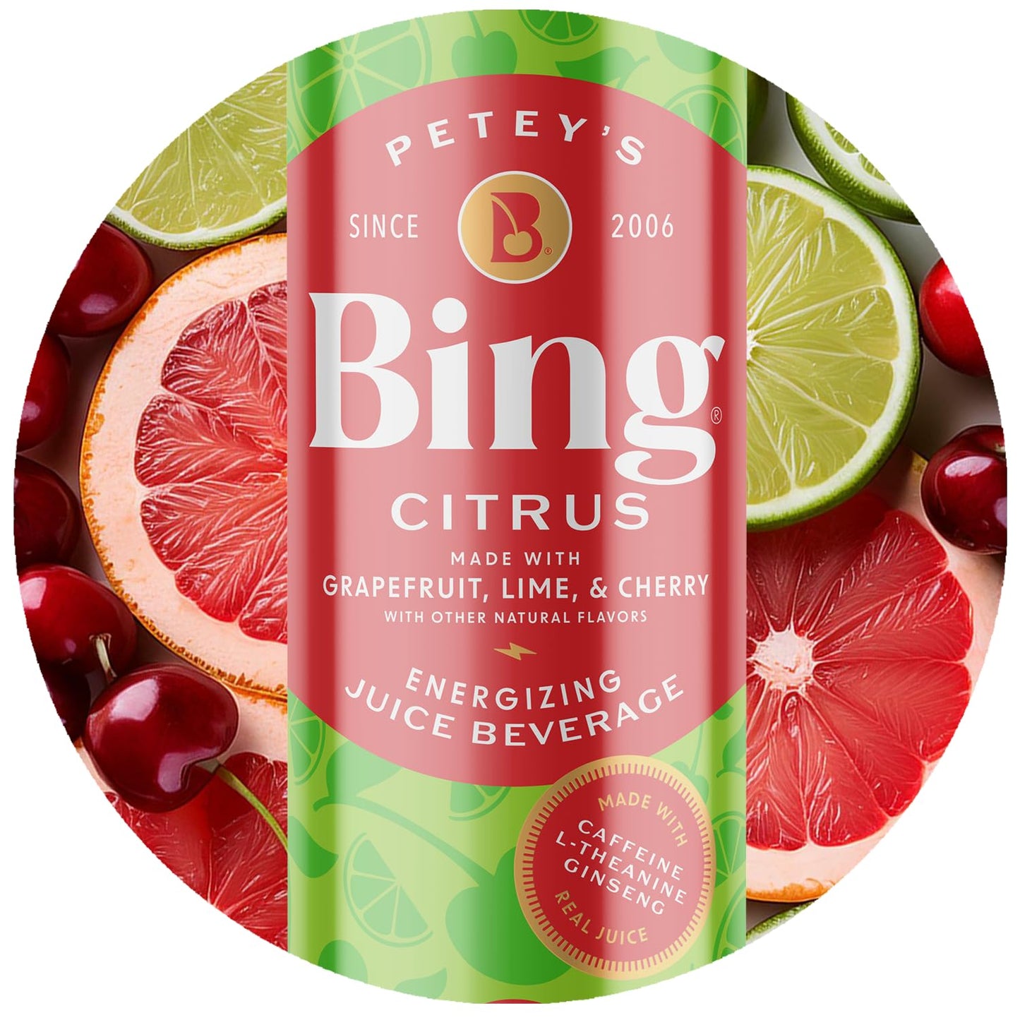 Bing Citrus Energizing Juice Beverage, G fruit & Lime, 12 Fl Oz (Pack of 12), Vegan, Low Calorie, Pink & Green