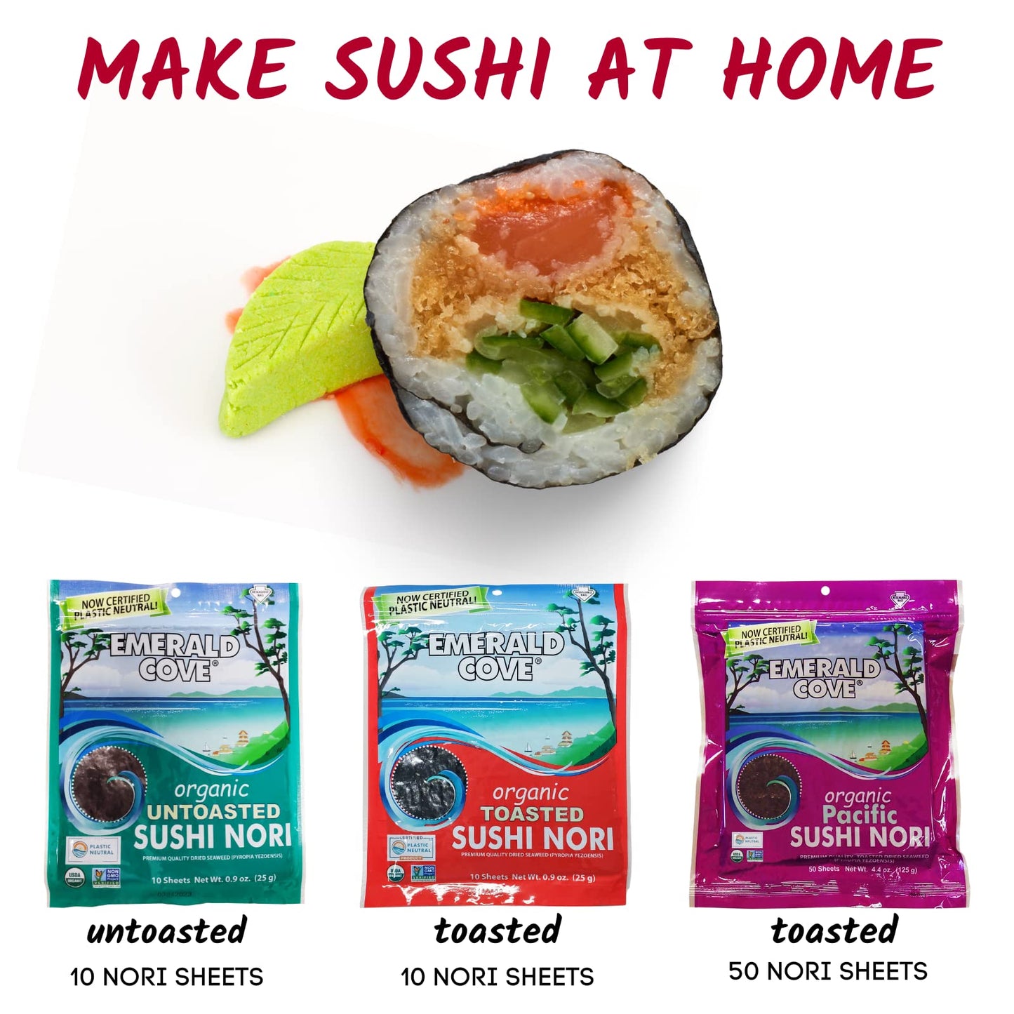 Emerald Cove Silver Grade Organic Pacific Sushi Nori (Dried Seaweed), 50-Count Sheets (Pack of 4)