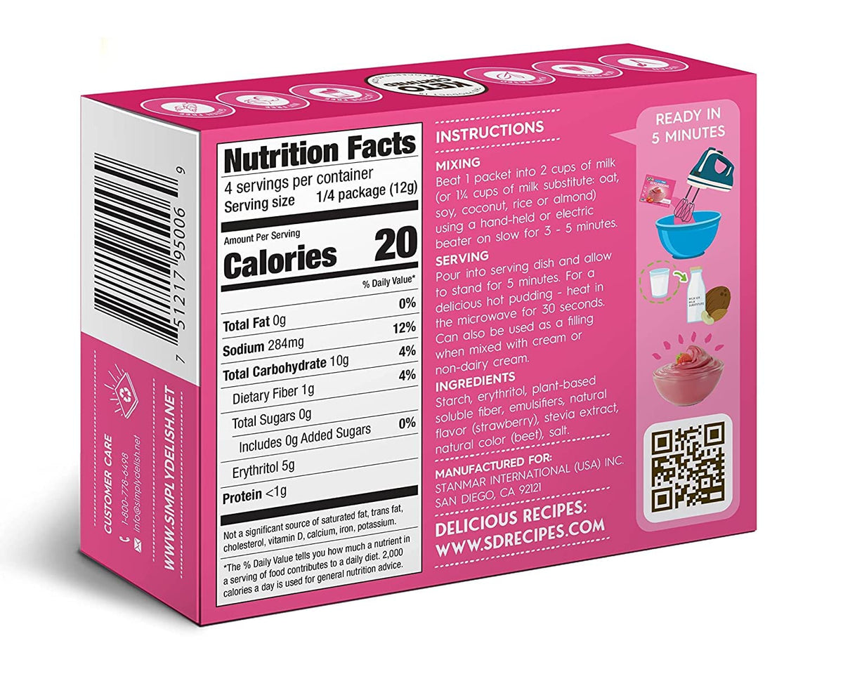 Simply Delish Instant Strawberry Pudding Mix - Plant Based Guilt Free Desserts - All Natural, Sugar Free, Non GMO, Gluten Free,