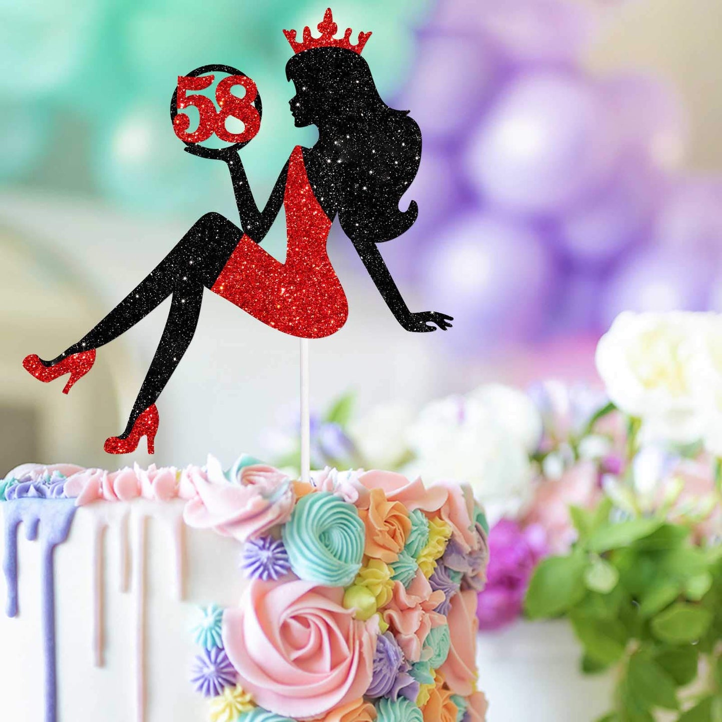 58 Red & Black Sitting Girl Silhouette Cake Topper Decorations With Glamour For Lady 58 Birthday Theme Queen Sexy Party Decor Su