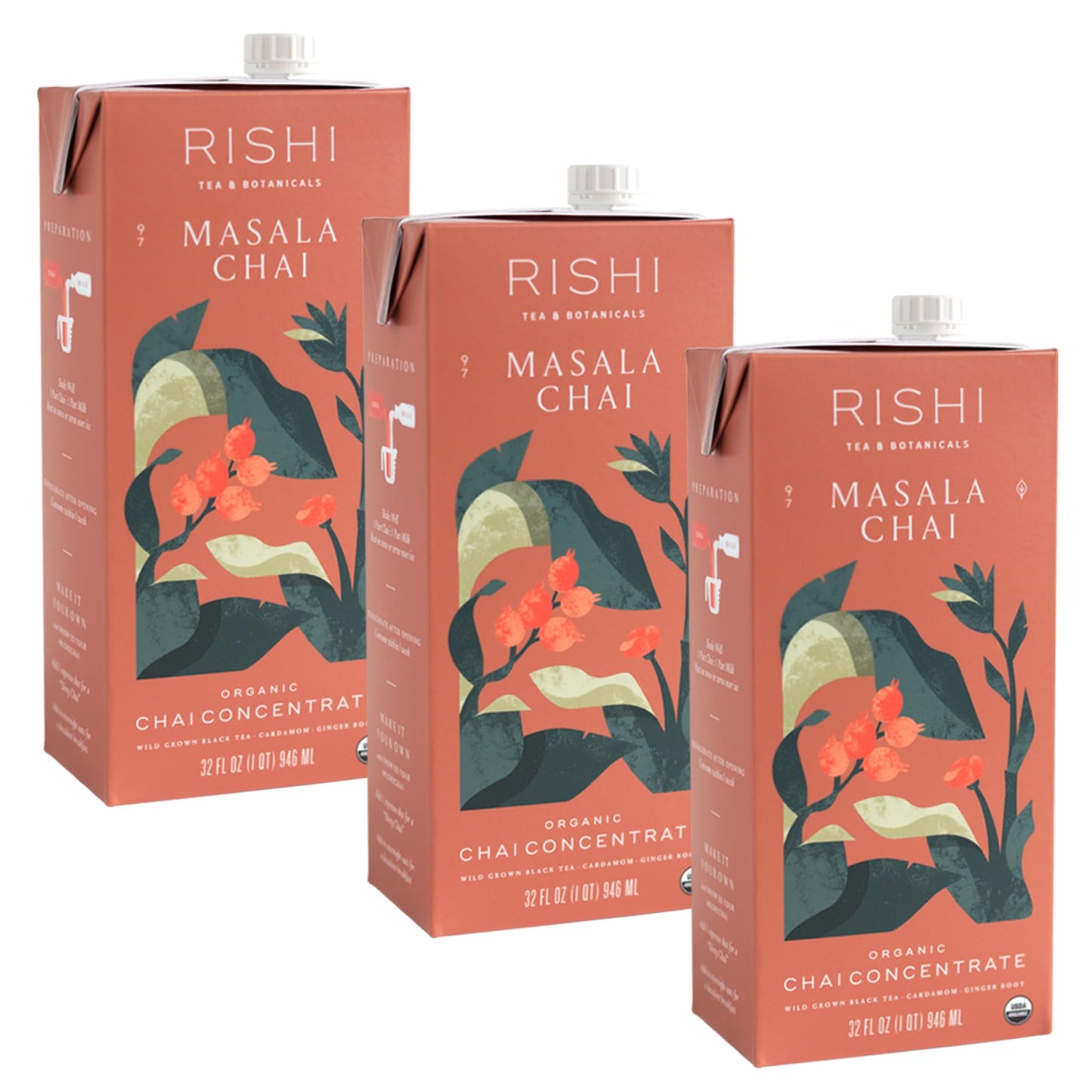 Rishi Tea Masala Chai Concentrate Beverage, Organic Black Tea, 32 oz Carton, Pack of 3, 8 Servings