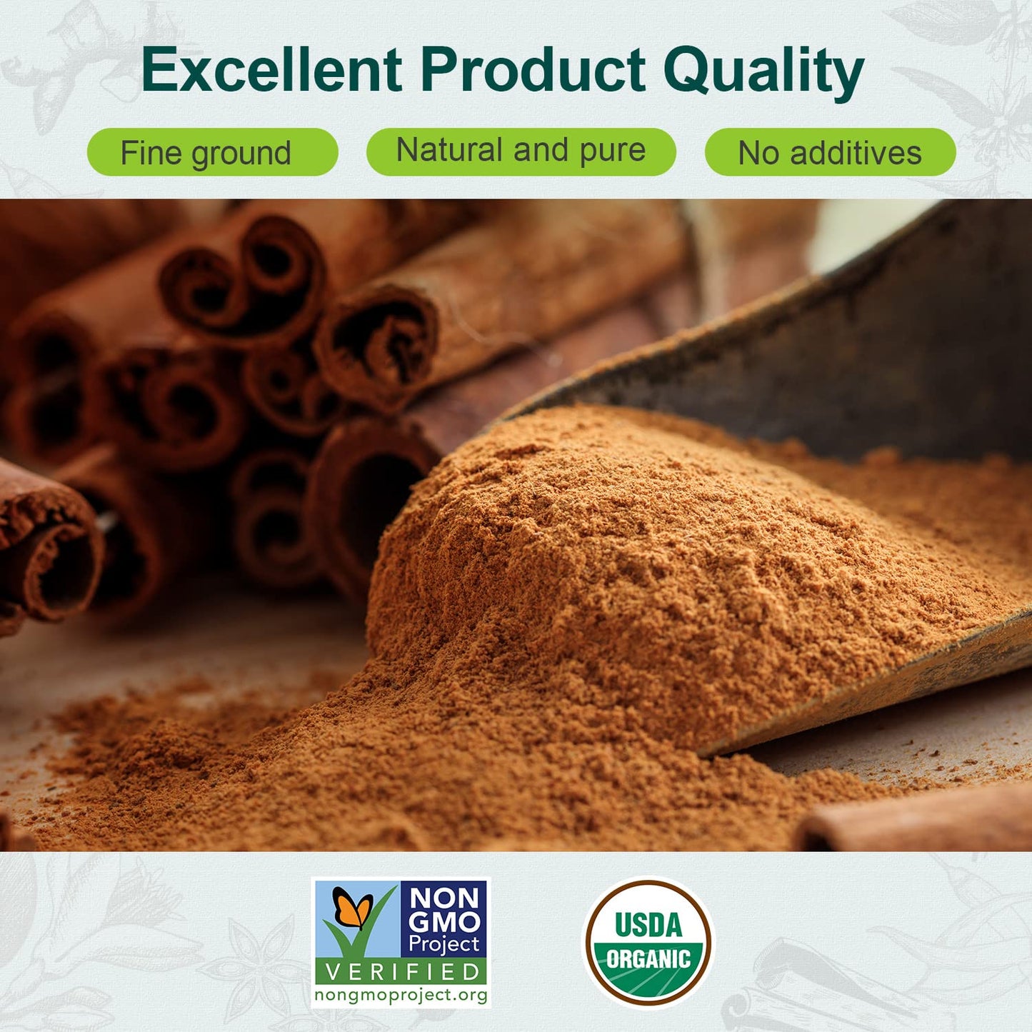 Soeos Cinnamon Powder Organic  15 Ounce (425g) Bottle  Ground Cinnamon Powder  USDA  Non-GMO and Kosher Certified  Seasoning Spice for Tea  Coffee  Baking  Desserts  Cooking and Beverages