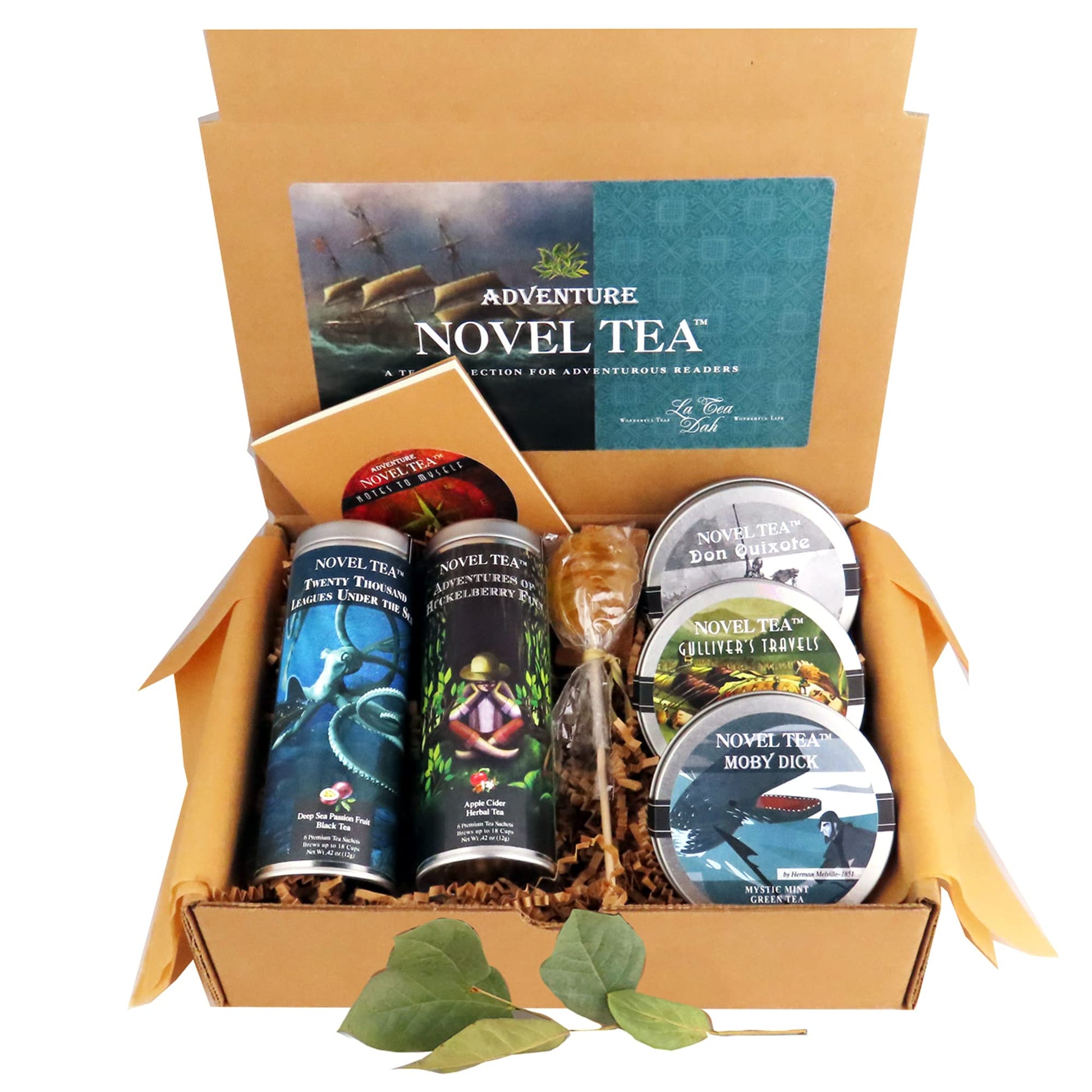 La Tea Dah Noveltea Literary Tea Gift Basket - 5 Gourmet Teas, Honey Stirrer & Journal, Ideal for Book Lovers and Gift Giving