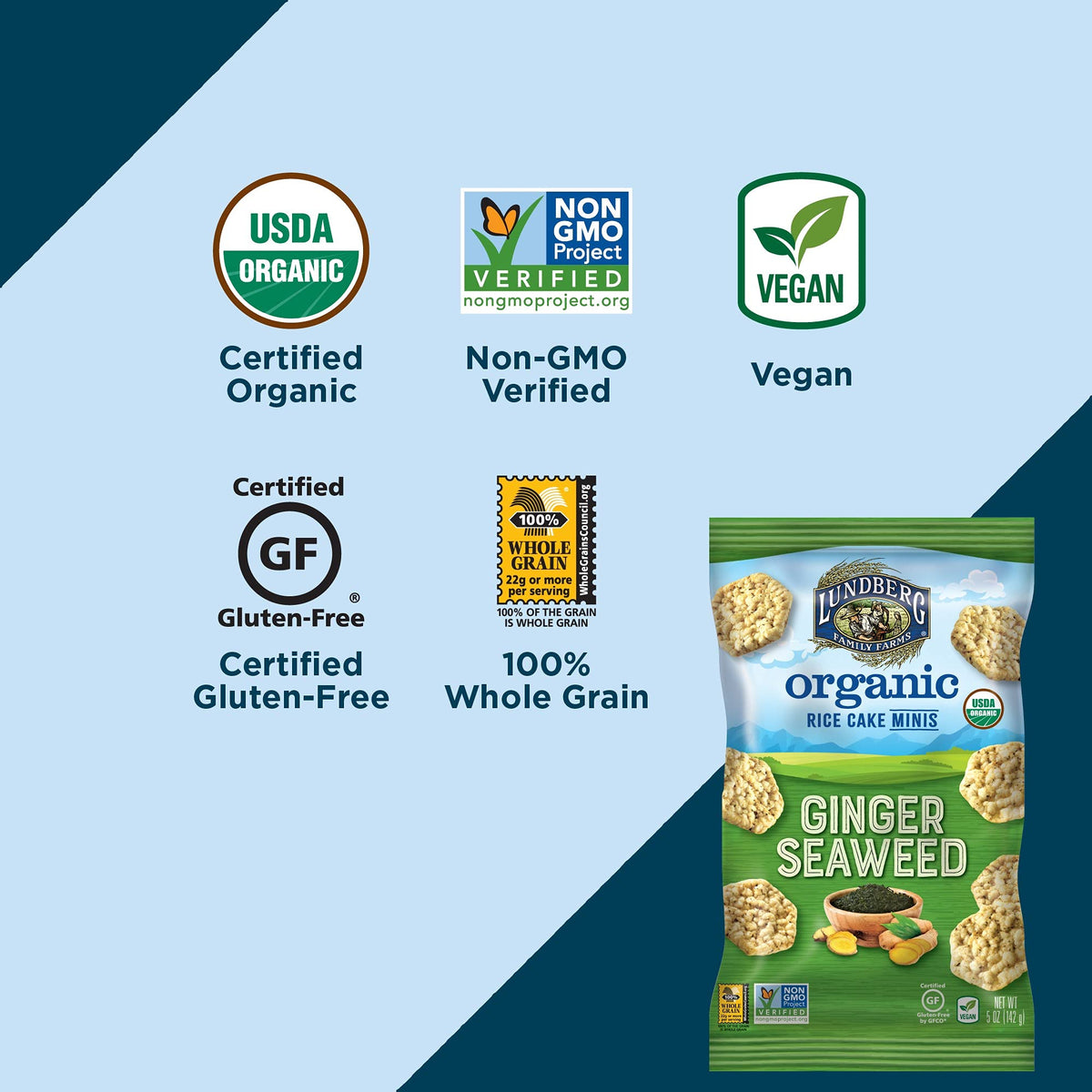 Lundberg Organic Ginger Seaweed Rice Cake Minis, 5oz, Gluten-Free, Vegan, Whole Grain, USDA Certified Organic, Non-GMO Project V