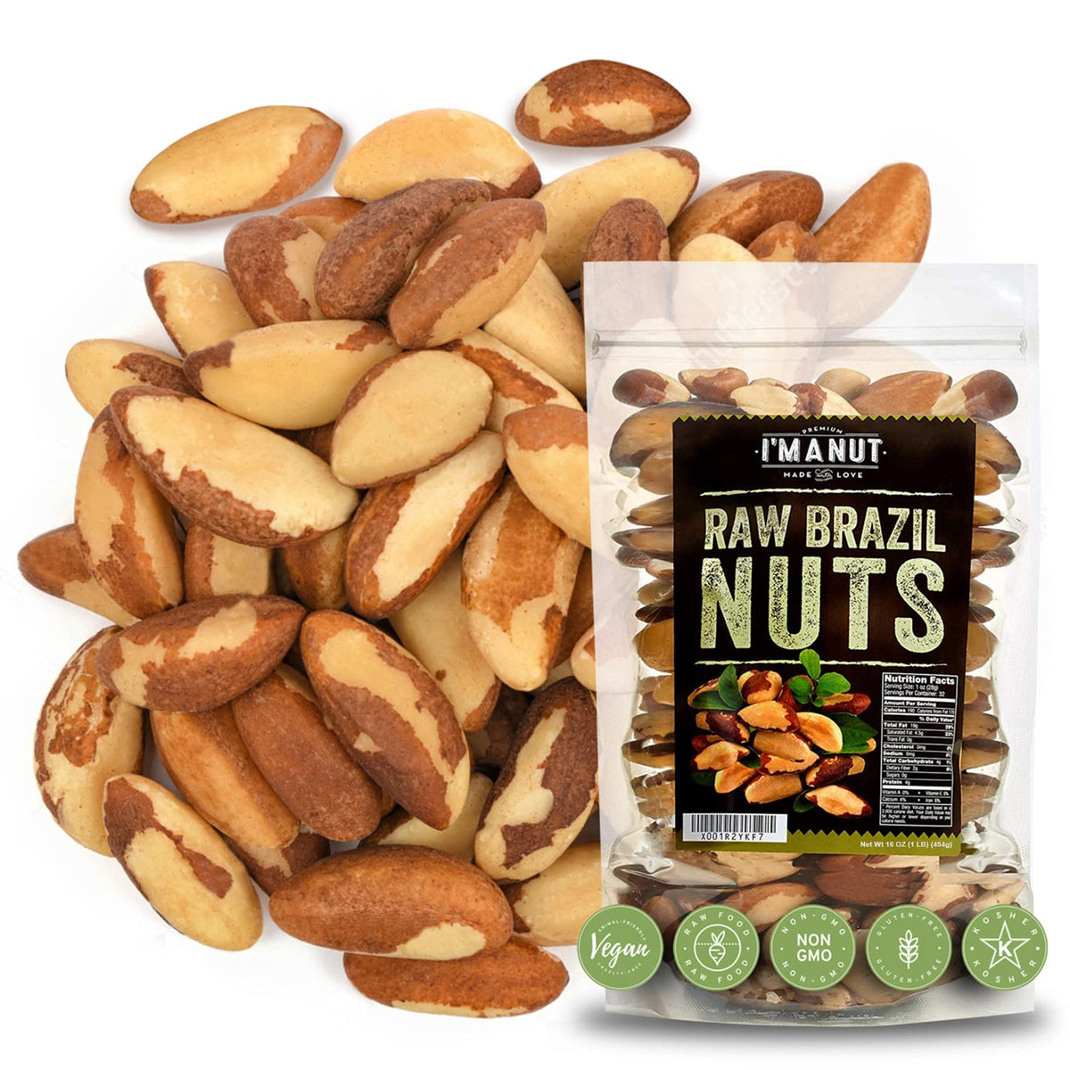 Im A Nut Raw Brazil Nuts, 16 oz, Non-GMO, Vegan, Gluten-Free, Resealable Bag