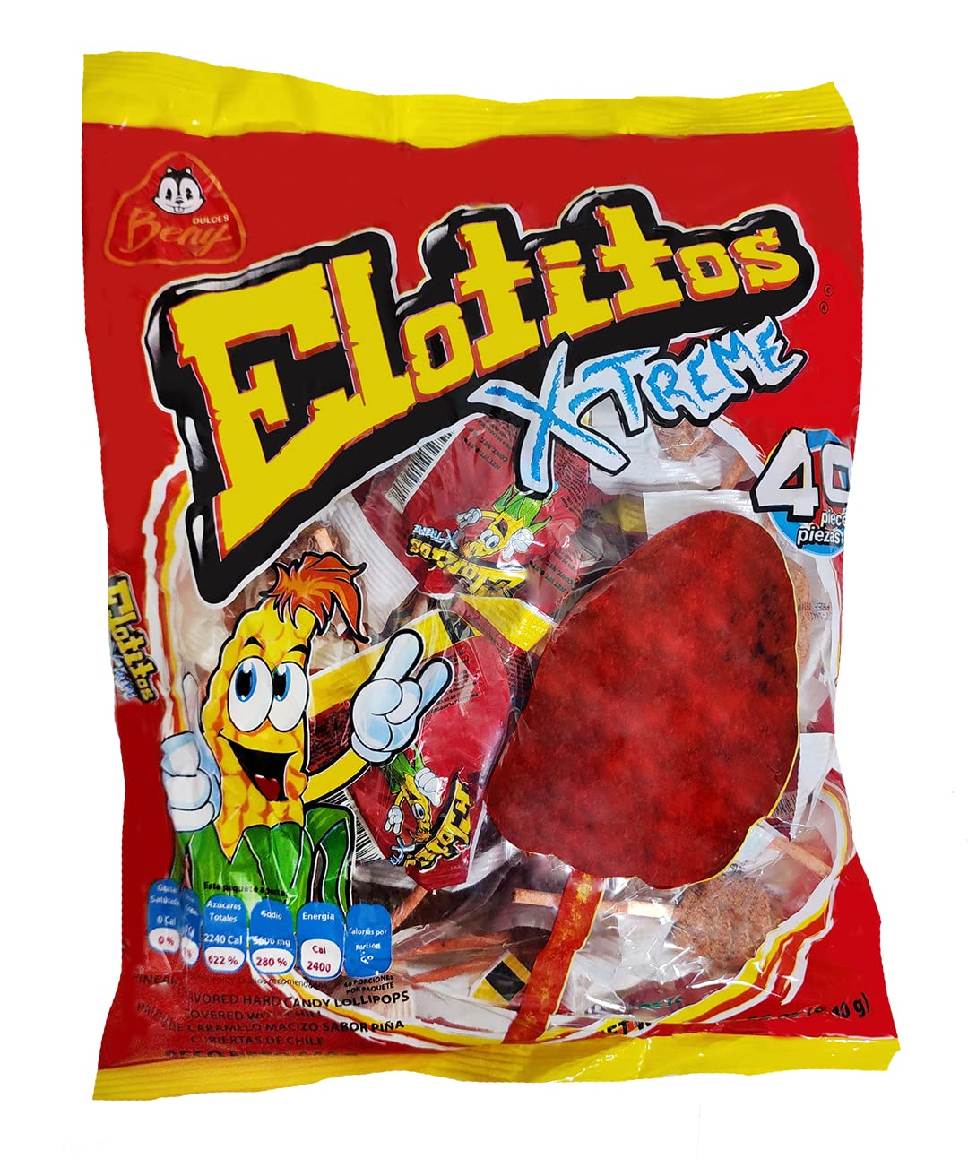 BENY X-Treme Lollipops with Chili Coating 1lb 6.56oz Bags PINEAPPLE FLAVOR (Elotitios corn shaped)