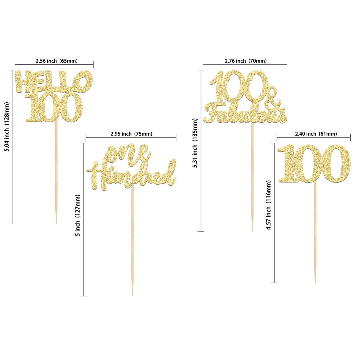 Gyufise 24Pcs Gold Glitter 100Th Birthday Cupcake Toppers Hello 100 One Hundred Cake Toppers 100 & Fabulous Cupcake Picks For 10