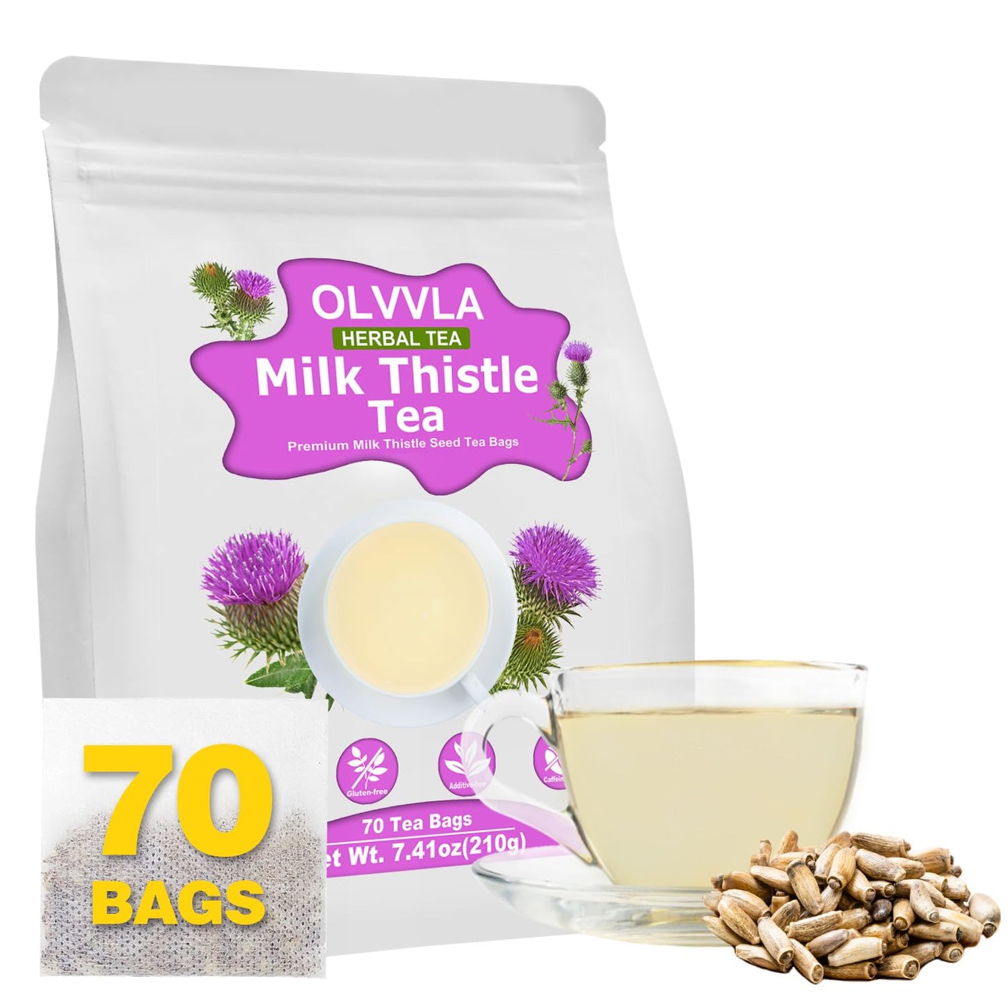 Olvvla Premium Milk Thistle Tea Bags - 70 Count - 100% Natural, Caffeine-free, Non-GMO Herbal Tea