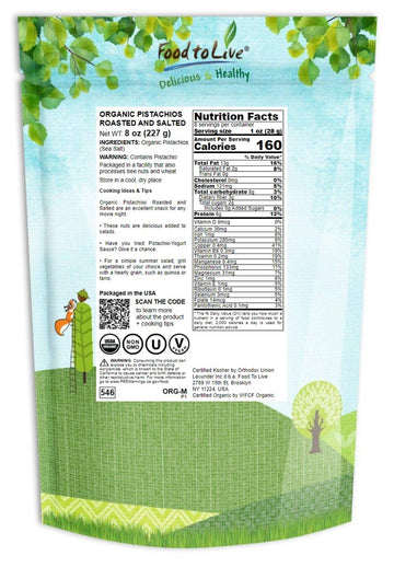 Food To Live Organic Pistachios, 8 Ounces In Shell, Dry Roasted With Sea Salt, Non-Gmo, Kosher, Vegan, Bulk