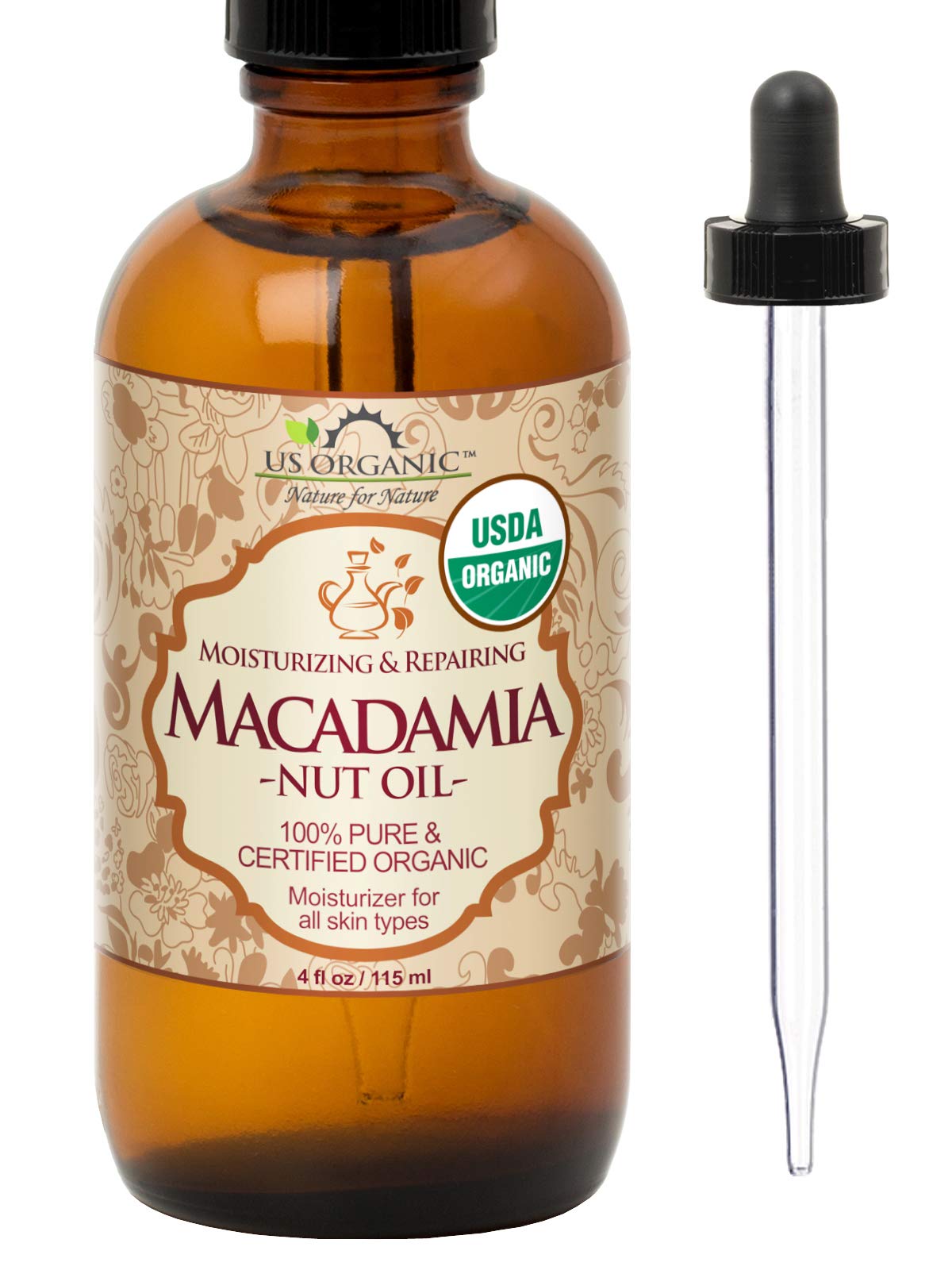 US Organic Macadamia Nut Oil, Unrefined Virgin, Cold Pressed, 4 oz, Clear, Model MAOL021ANP, Amber Glass Bottle with Dropper