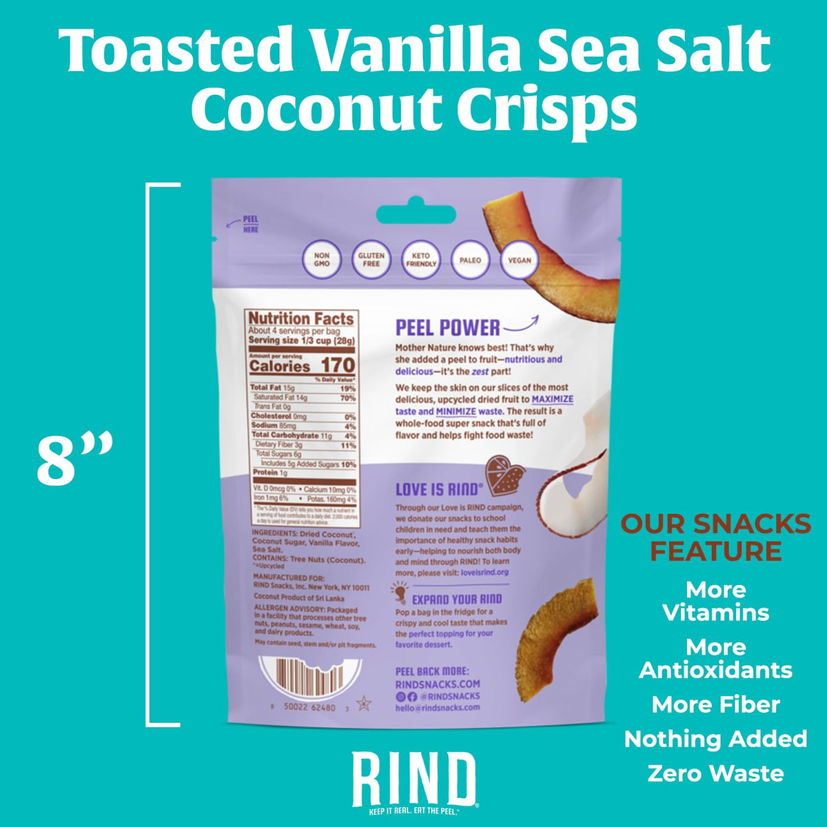 RIND Snacks | Coconut Crisps with Toasted Vanilla & Sea Salt | Dried Fruit Superfood | Snack Chips | Low Carbs | High Fiber | Ke