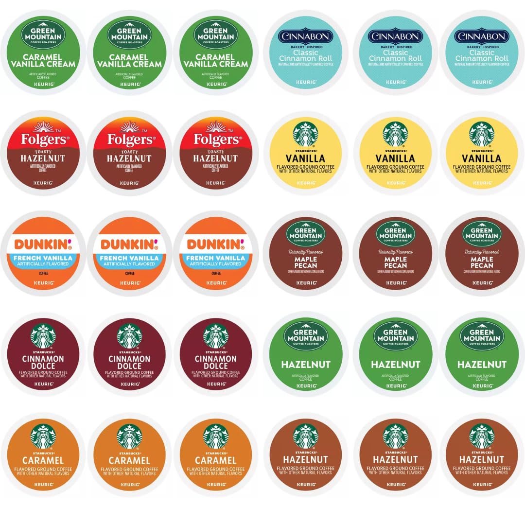 KUPIX Flavored K-Cups Coffee Pods Variety Sampler - 30 Count, Includes Starbucks Hazelnut, Caramel, Cinnamon Dolce & Vanilla