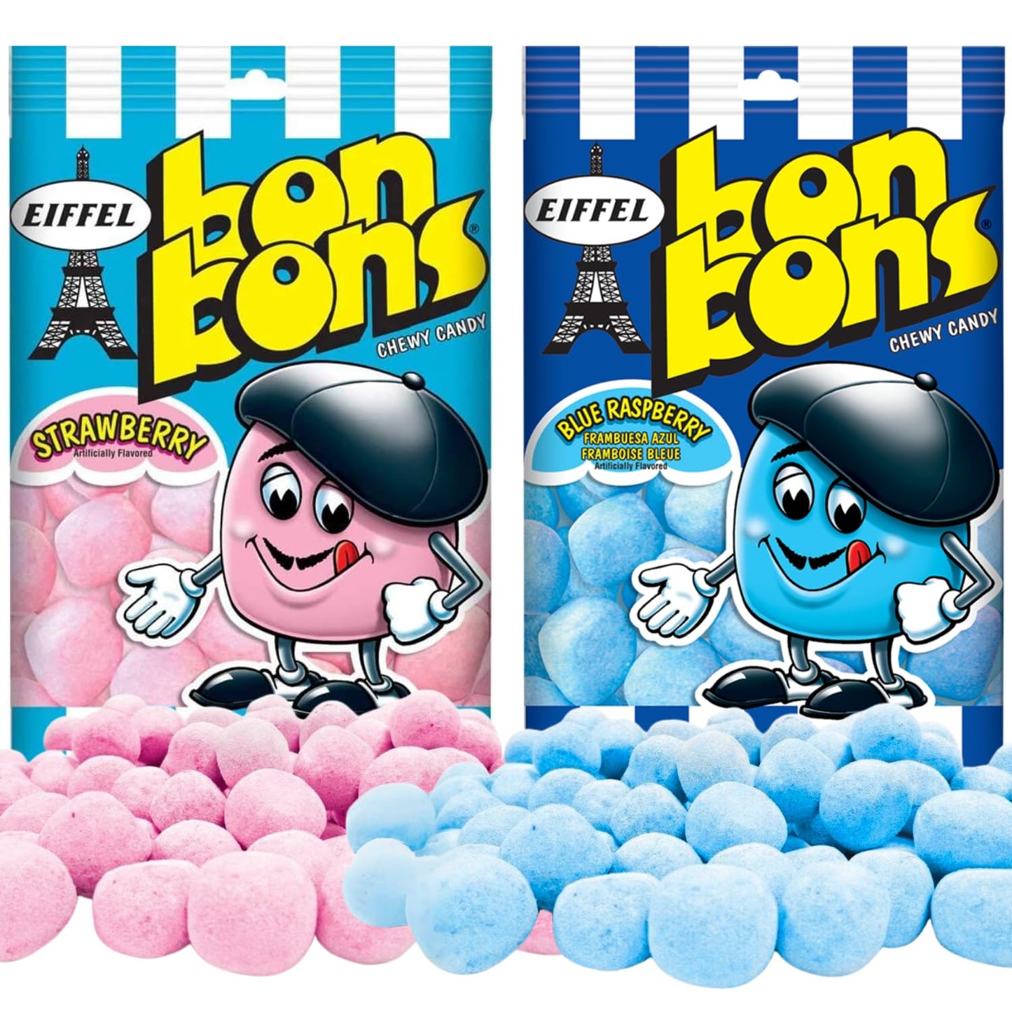 Eiffel Bon Bons Variety 2 Pack - Strawberry & Blue Raspberry - 4 oz bags Assortment Gift Set - Chewy French Candy Snack - Enjoye