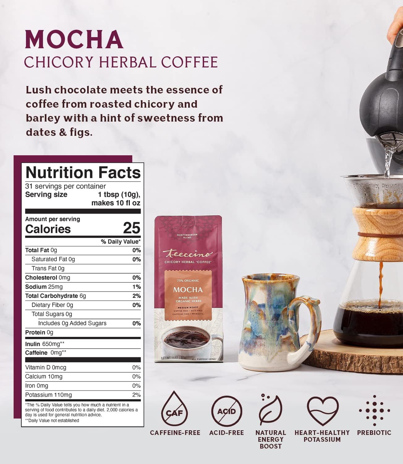 Teeccino Mocha Chicory Coffee Alternative, Caffeine-Free, Medium Roast, 11 Ounce (Pack of 3)