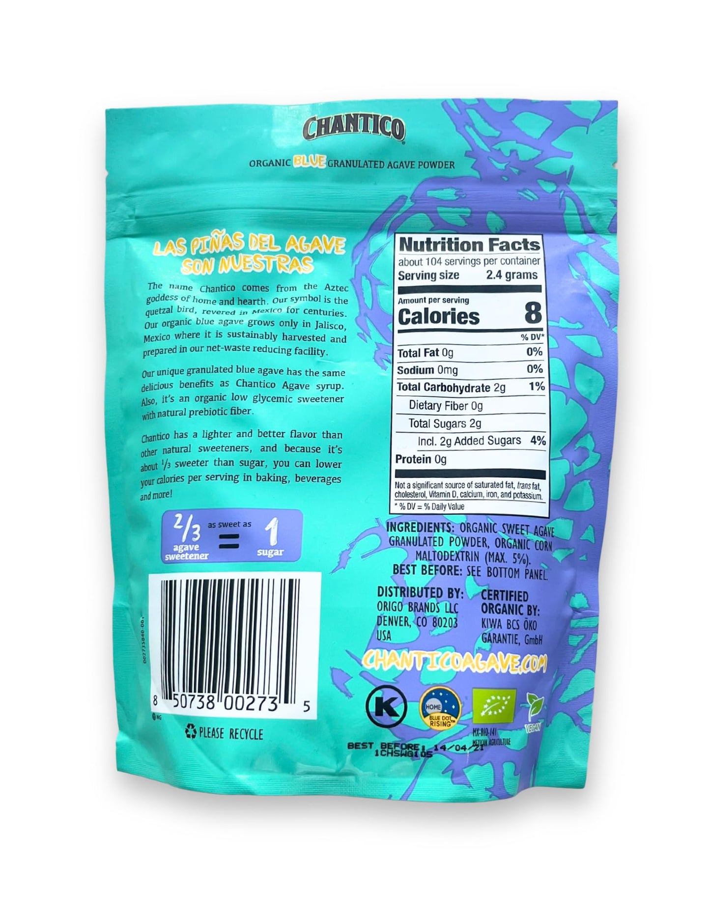 Chantico Agave Powder Sweetener, Low Glycemic, Keto-Friendly, 3 Pack of 250g Each