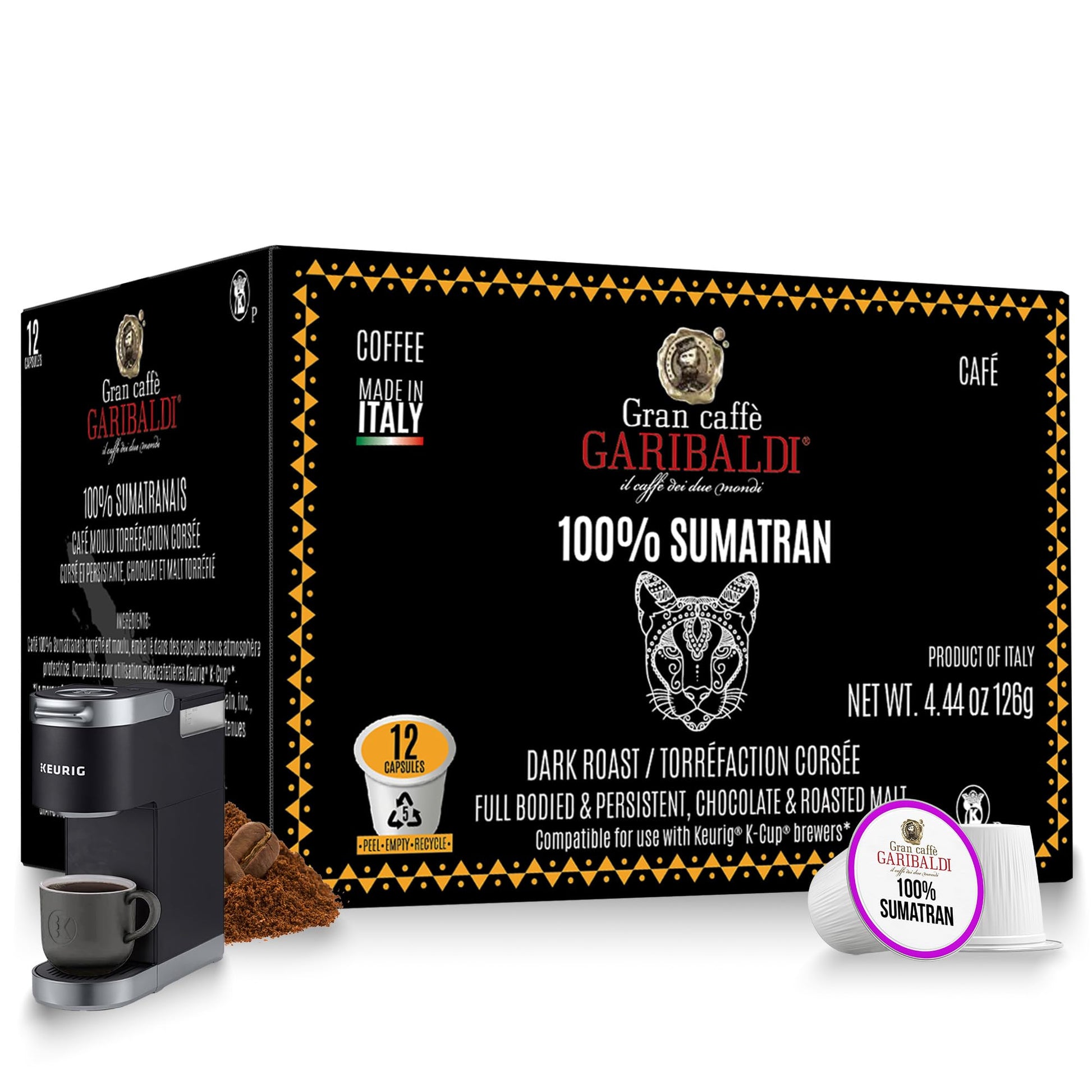 Caffè Garibaldi Sumatran Coffee Pods, Dark Roast, 100% Arabica, Recyclable, 12 Count