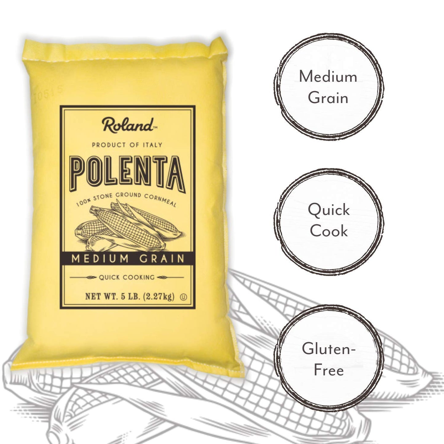 Roland Polenta Medium Grain, 5 lb (80 oz) - Yellow, Model 72160 - Premium Quality Cornmeal for Cooking and Baking