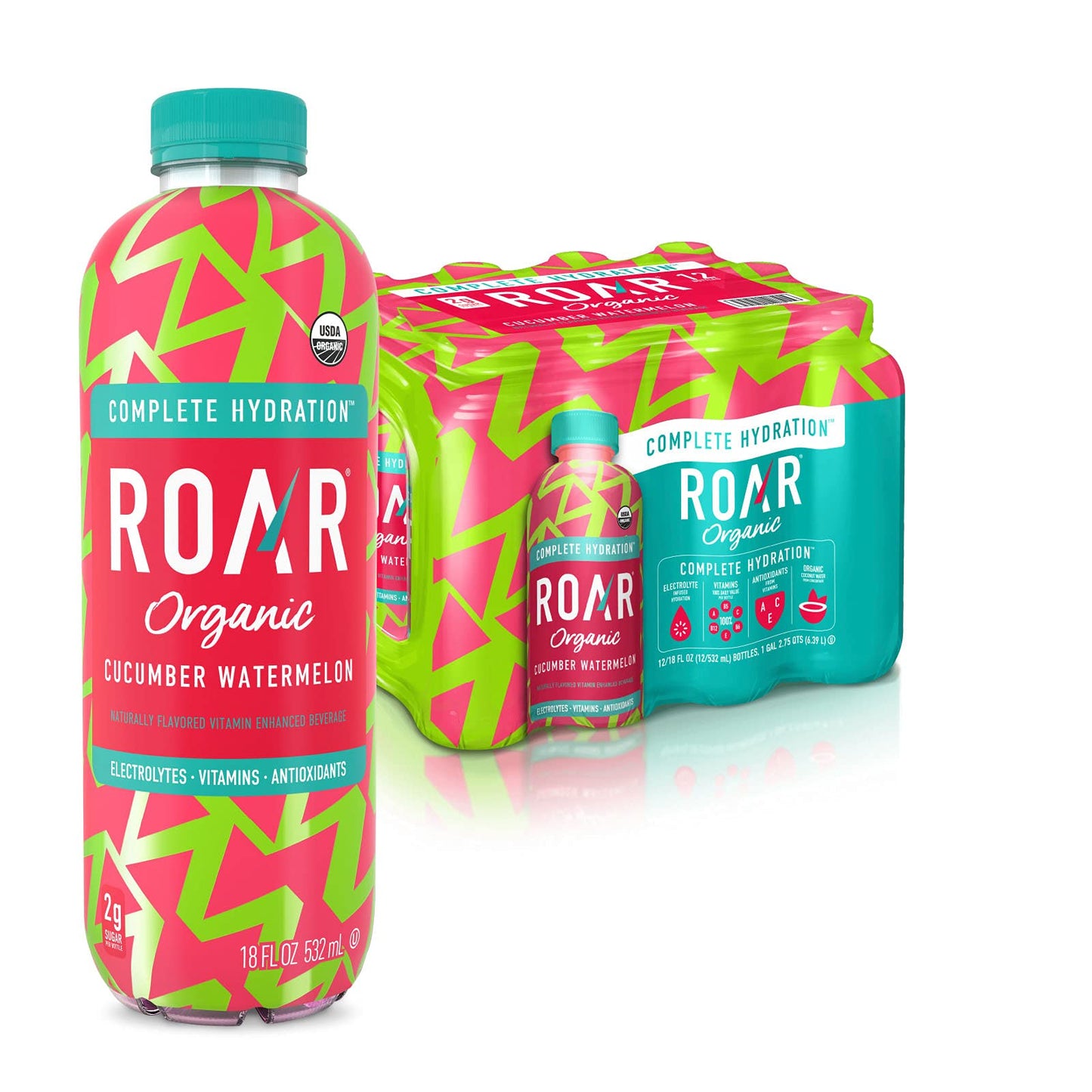 Roar Organic Electrolyte Infusions - Usda Organic - Cucumber Watermelon - With Antioxidants, B Vitamins, Low-Calorie, Low-Sugar, Low-Carb, Coconut Water Infused Beverage 18 Fl Oz (Pack Of 12)