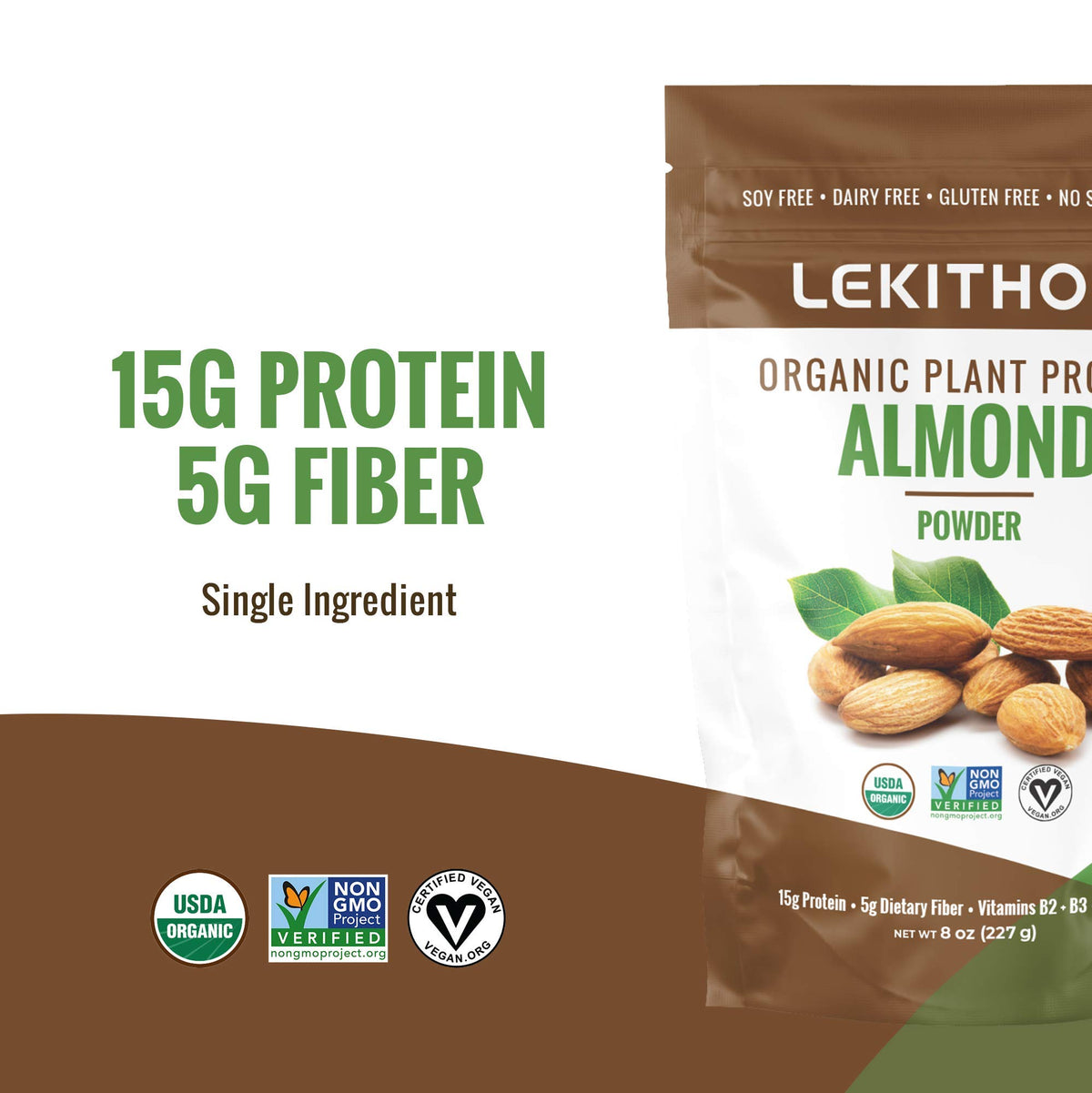 Lekithos Certified Organic Almond Protein Almond Powder - 8 oz -Single Ingredient - Non-GMO Project Verified
