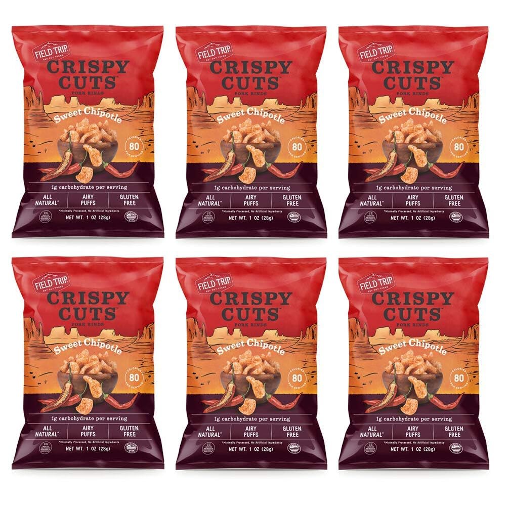 Field Trip Gluten Free Pork Rinds, Paleo And Keto Friendly Airy Puffs, Crunchy High Protein Snacks, Low Carb Snack From Back Pork Skins, 1Oz Bag, 6 Pack, Sweet Chipotle, Holiday & Christmas Gift Item