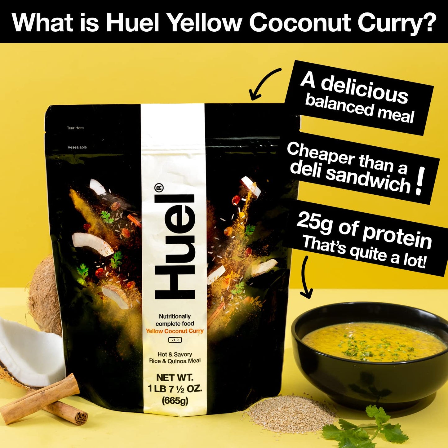 Huel Hot and Savory Meal Replacement, Yellow Coconut Curry, 14 Scoops, 1.47 lb